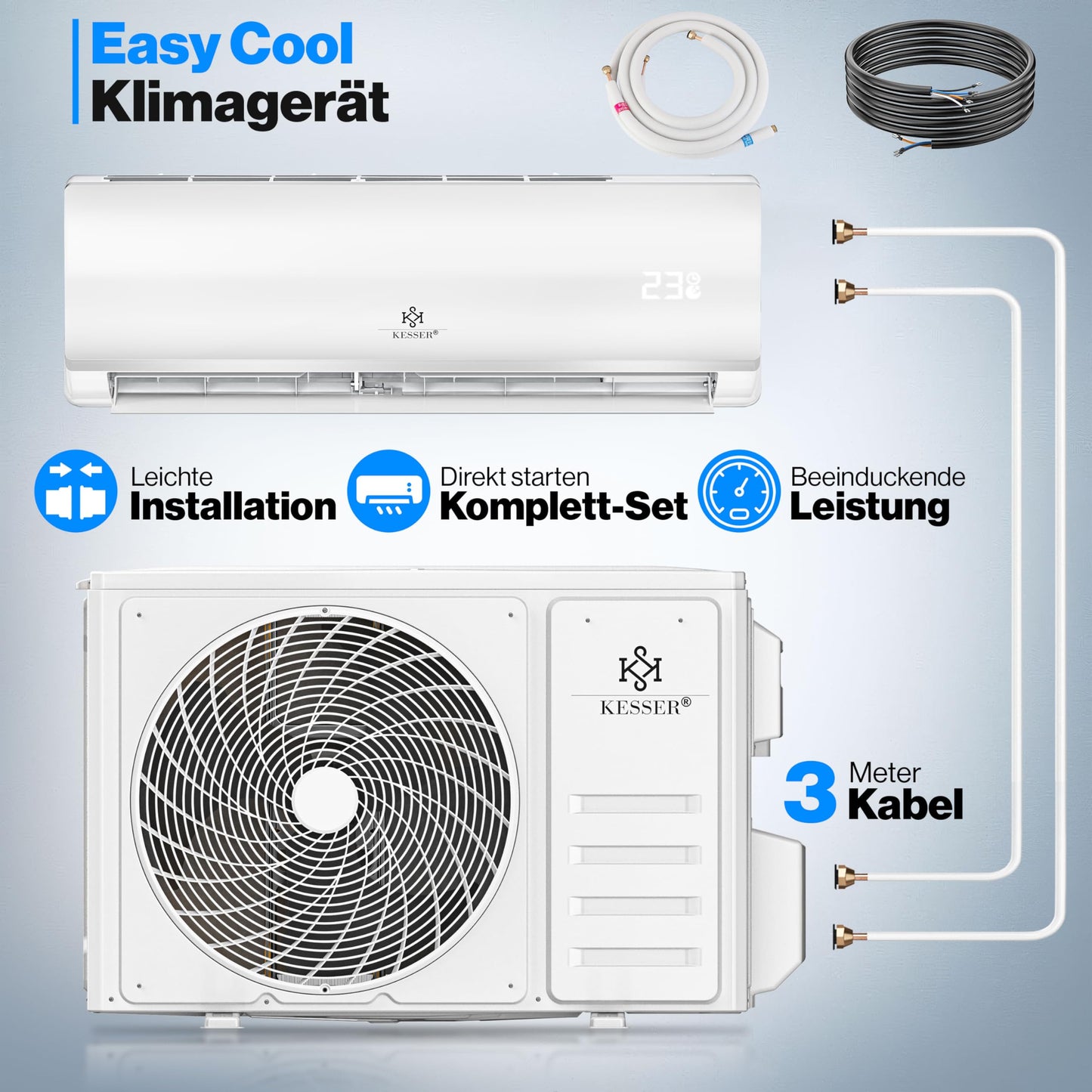 KESSER® Klimaanlage Set Split, WiFi/App Funktion Klimagerät, Kühlen A++/Heizen A+, 12000 BTU/h (3.400W) sehr leise, Kältemittel R32, Fernbedienung, Timerfunktion, Montagematerial, Weiß