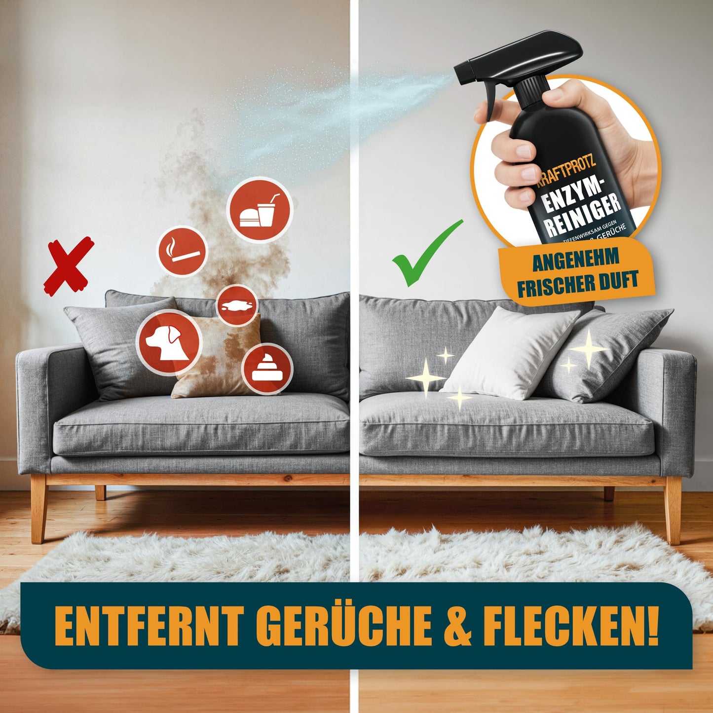 Enzymreiniger – Geruchsentferner & Fleckenentferner Spray 750 ml – porentief & biologisch – für Sofa, Teppich, Matratze, Auto & Haushalt – gegen Schmutz, Schweiß, Gerüche & Tierspuren – KRAFTPROTZ