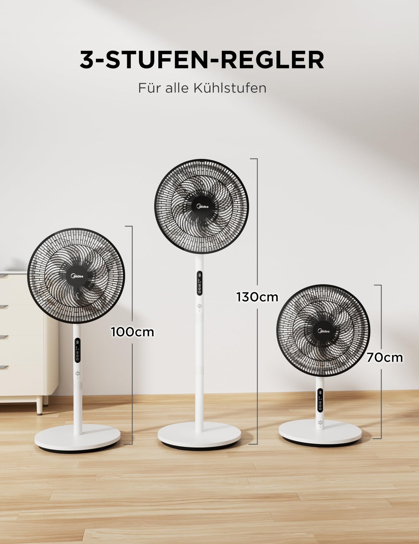 Midea Standventilator Leise mit Fernbedienung FS35-26XRD(BW), 3 Geschwindigkeitsstufen,LED Anzeige, 7,5H Timer, höhenverstellbar, 80°Oszil-lationsfunktion, 55W, Weiß, Zirkulator, 30-60-80-110cm