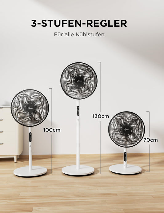 Midea Standventilator Leise mit Fernbedienung FS35-26XRD(BW), 3 Geschwindigkeitsstufen,LED Anzeige, 7,5H Timer, höhenverstellbar, 80°Oszil-lationsfunktion, 55W, Weiß, Zirkulator, 30-60-80-110cm