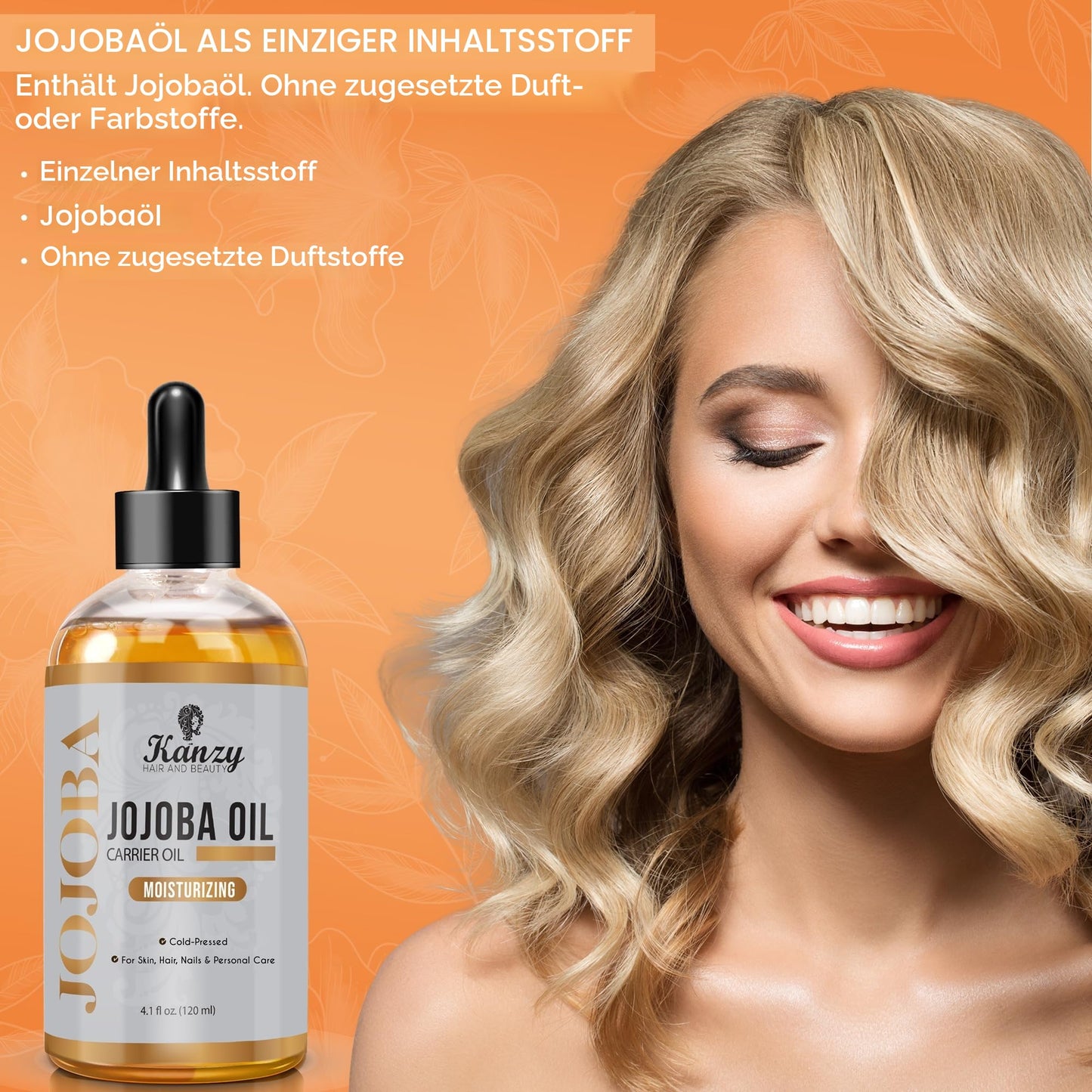 Kanzy Jojobaöl Kaltgepresst 100% Reines Gold, 120ml für Haut, Haare und Nägel, Gesichtsöl und Körperöl, Vegan & Hexanfrei, Jojobaöl, Anti-Falten, Natürliche Intensiv Feuchtigkeitspflege