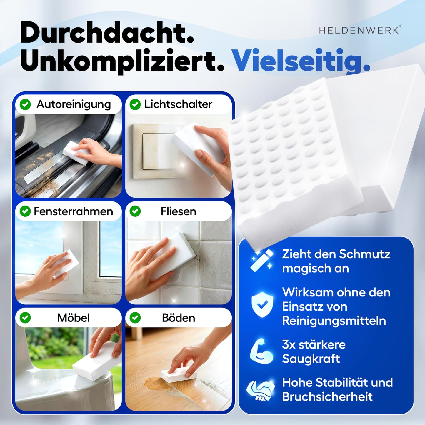 HELDENWERK® Schmutzradierer [18+2 EXTRA] Premium Radierschwamm für hartnäckige Flecken – Magic Eraser & Zauberschwamm für Wand, Küche, Bad & Sneaker – extra langlebig