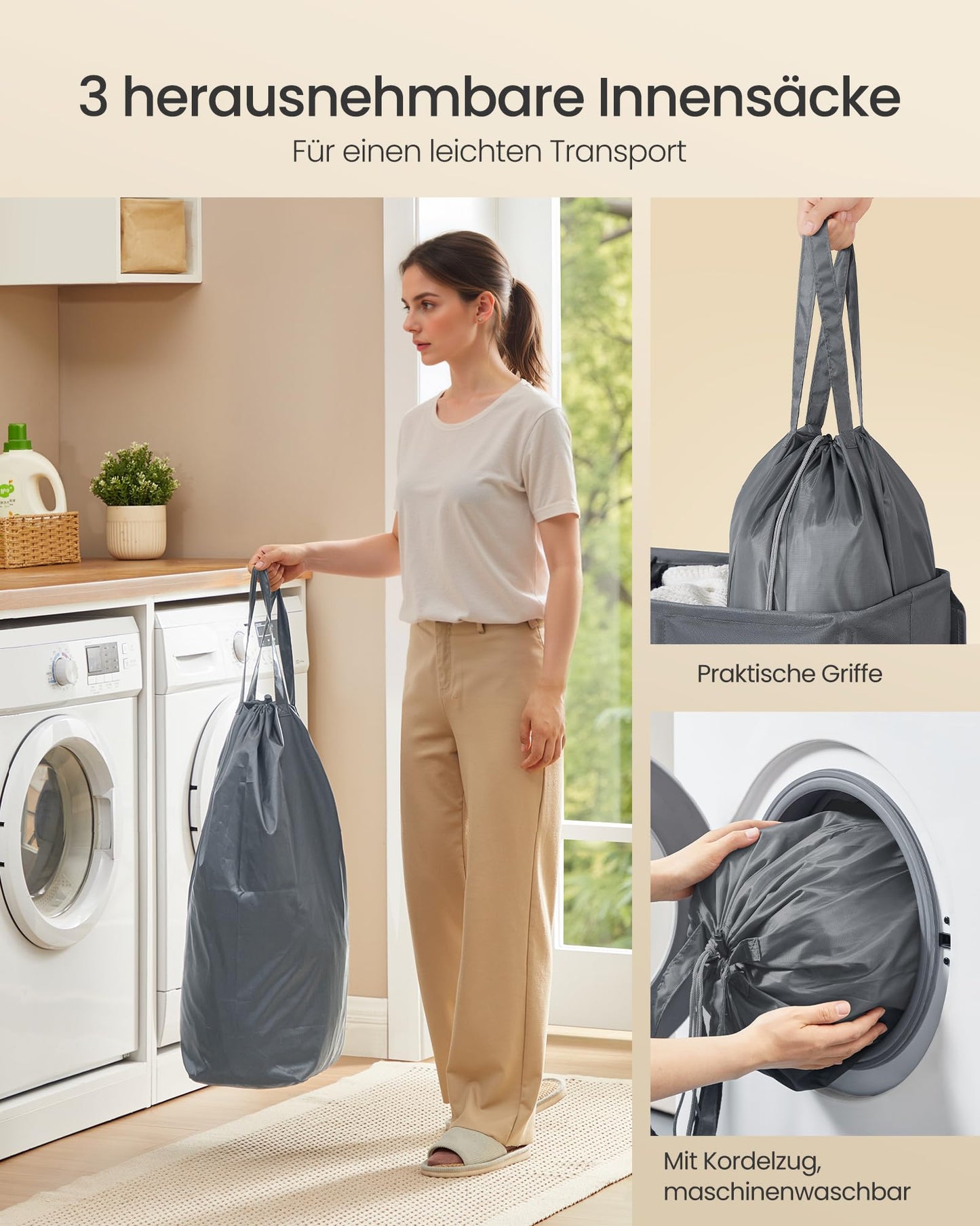 SONGMICS Wäschekorb mit 3 Fächern, 160 L, mit Deckel, 5 Etiketten, herausnehmbarer und waschbarer Innensack, Waschküche Schlafzimmer, dunkelgrau RLH013G01