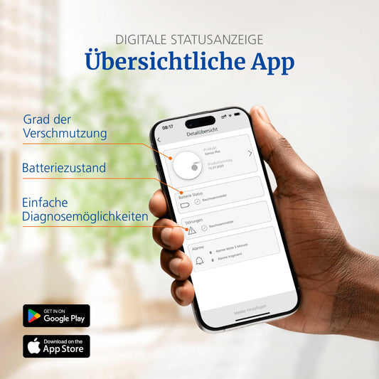 Hekatron Genius Plus – Rauchmelder 10 Jahre Batterie – Testsieger Stiftung Warentest – Made in Germany – inkl. 1x Klebepad – App-unterstützt – Feuermelder – mehrsprachig – 1 Stück