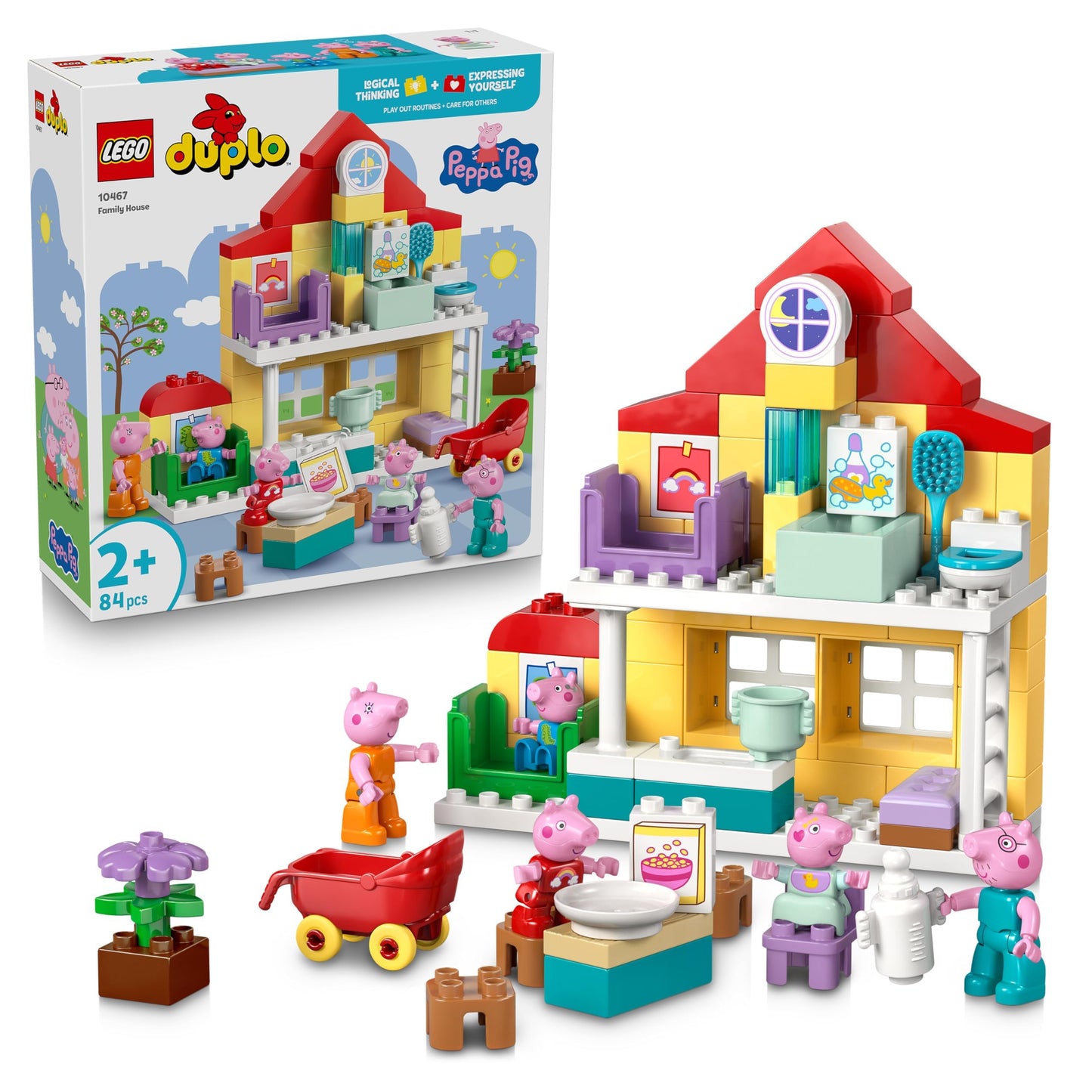 LEGO DUPLO Peppa Wutz Familienhaus - Lernspielzeug zur Förderung der Motorik - Montessori Spielzeug mit 5 Figuren & Puppenhaus Zubehör - Geschenk für Mädchen & Jungen ab 2 Jahren - 10467