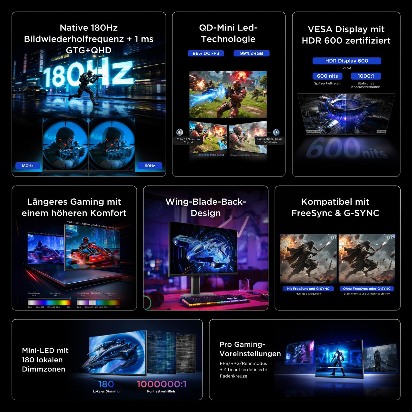 TCL Gaming Monitor 27 Zoll QD-Mini-LED 27G64, QHD-Auflösung, 180Hz, Fast-HVA-Panel, HDR 600 nits, 1ms GTG Reaktionszeit, AMD Freesync, Kompatibilität mit G-Sync