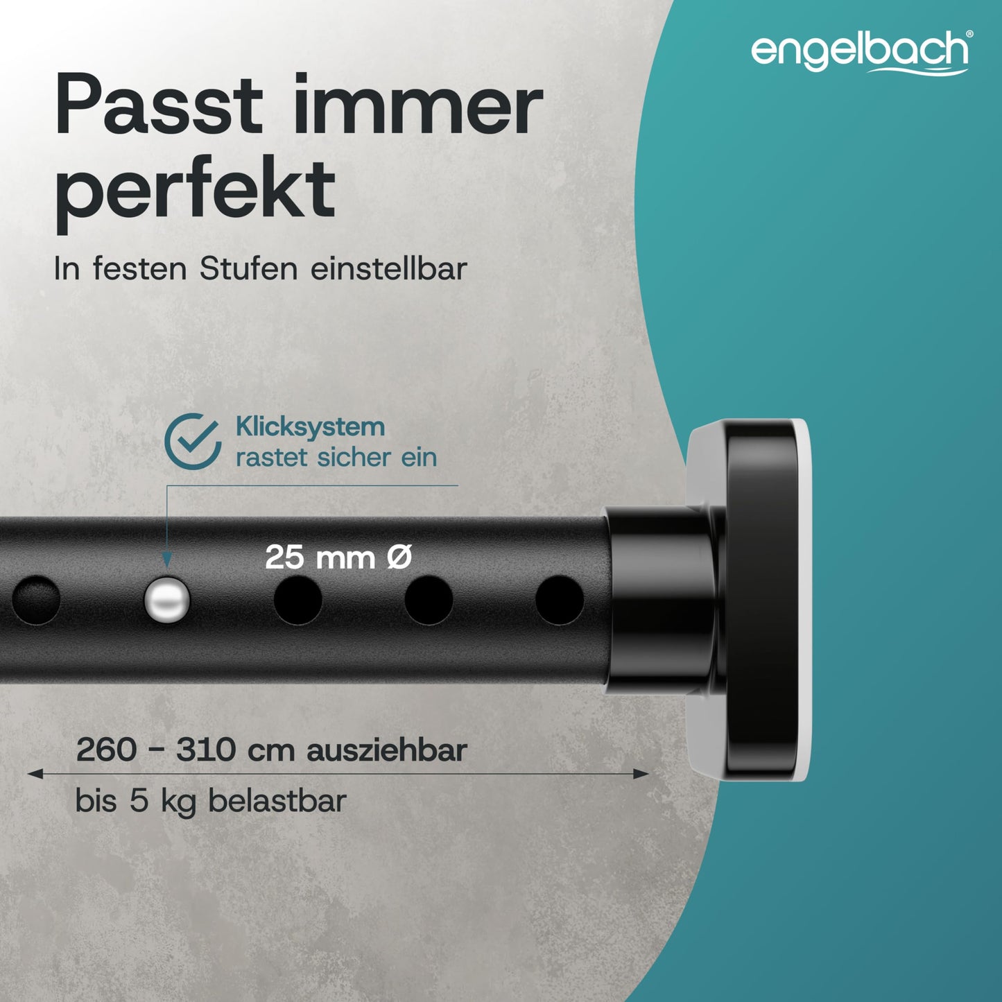 Engelbach® Gardinenstange ohne Bohren - Massiver Karbonstahl (Ø 25mm) für stabilen Halt - Individuell anpassbare Teleskopstange, Klemmstange, Duschvorhang stange, Schwarz, 260-310cm