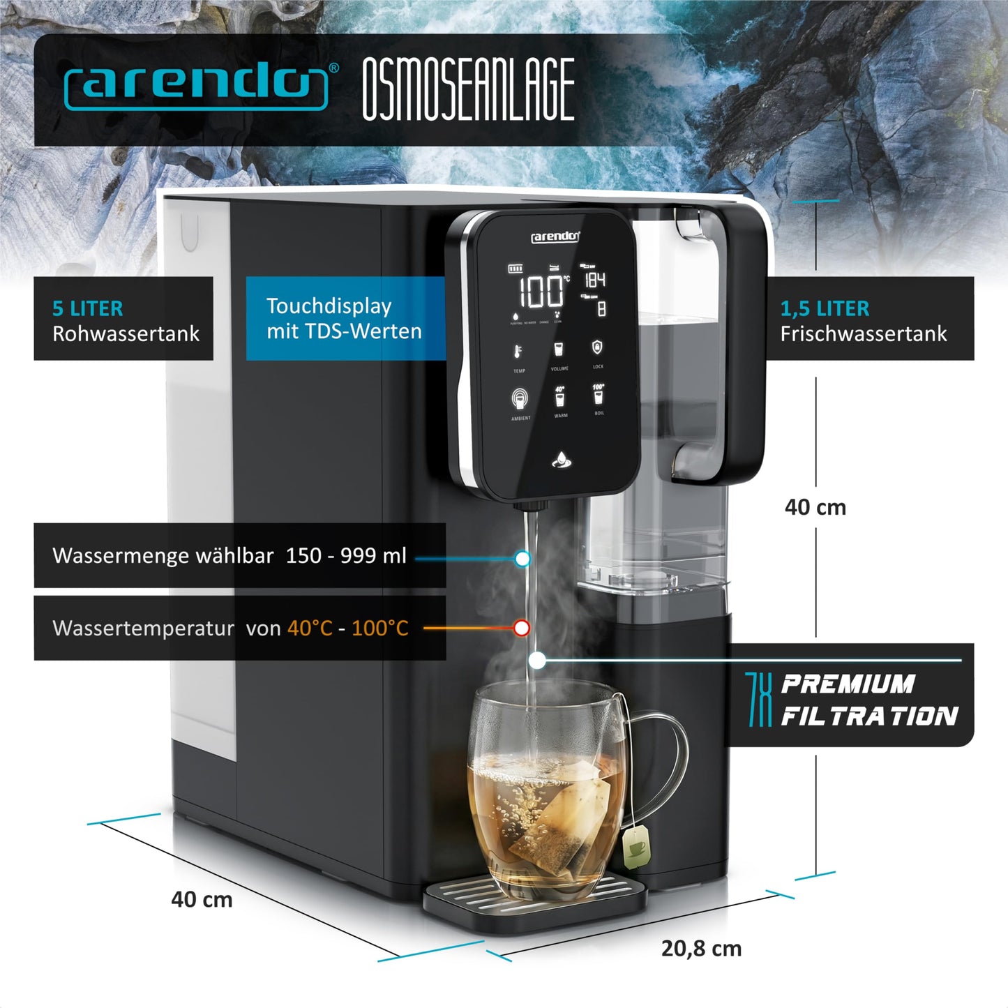 Arendo - Premium Osmoseanlage - 99,99% reines Trinkwasser - 7 stufiges Filtersystem (5+2) – Umkehrosmose/Wasserfilter – keine Installation - Auftisch Gerät – Heißwasserspender 40°C - 100°C – TDS