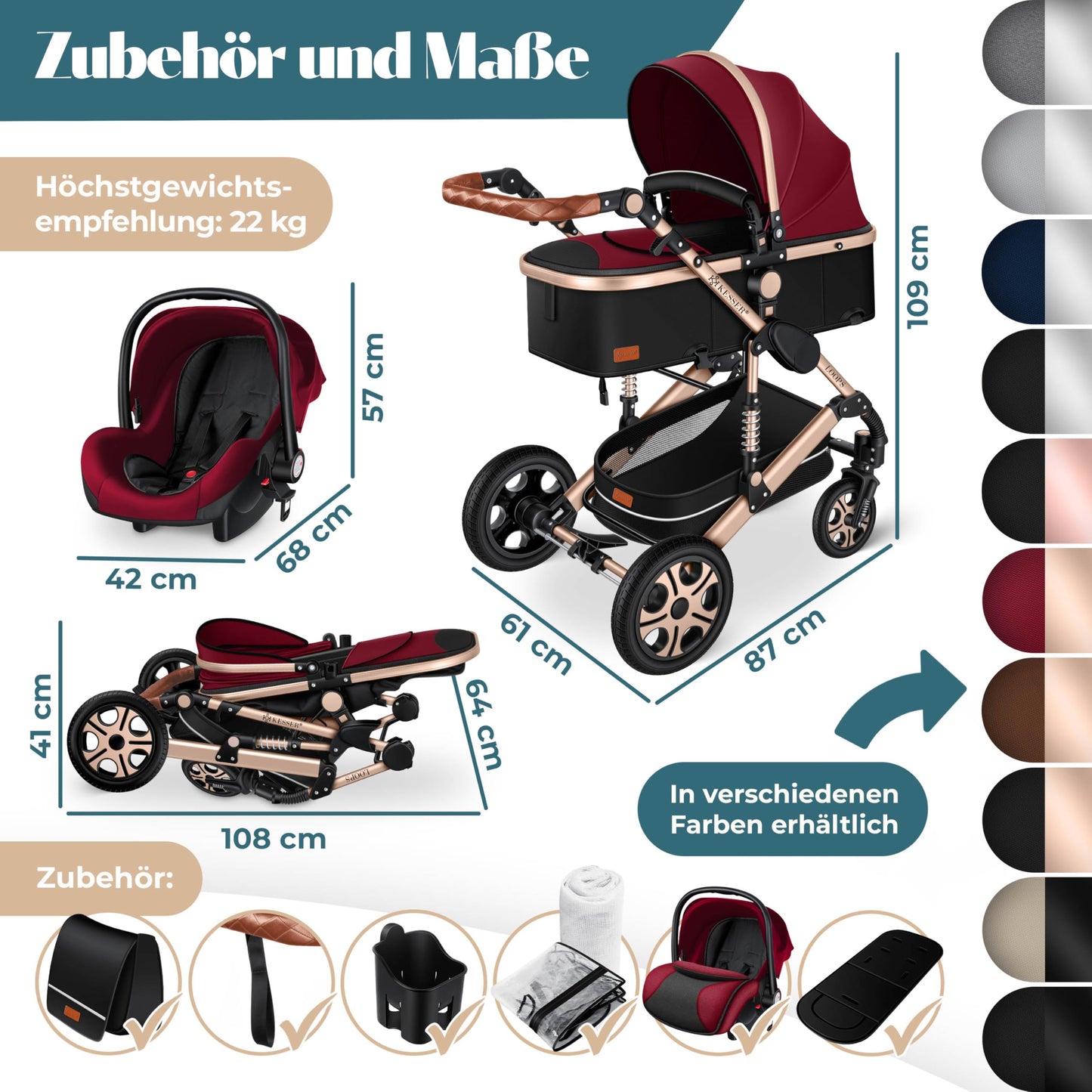 KESSER® Loops 4 in 1 Kinderwagen Kombikinderwagen Komplett-Set inkl. Babywanne & Buggy Sportsitz & Auto-Babyschale Voll-Gummireifen Wickeltasche Regenschutz Kindertisch ECE R129, Rot/Champagne