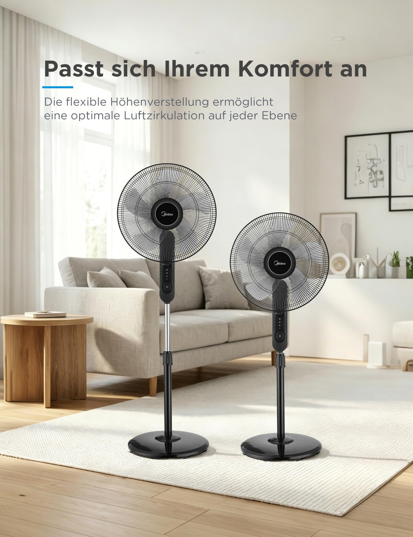 Midea FS40-15FR Standventilator Leise mit Fernbedienung,3 Geschwindigkeitsstufen,LED Anzeige, 7,5H Timer,höhenverstellbar, 80°Oszil-lationsfunktion, 55W Kraftvoller,Ventilator,Luftzirkulation, Schwarz