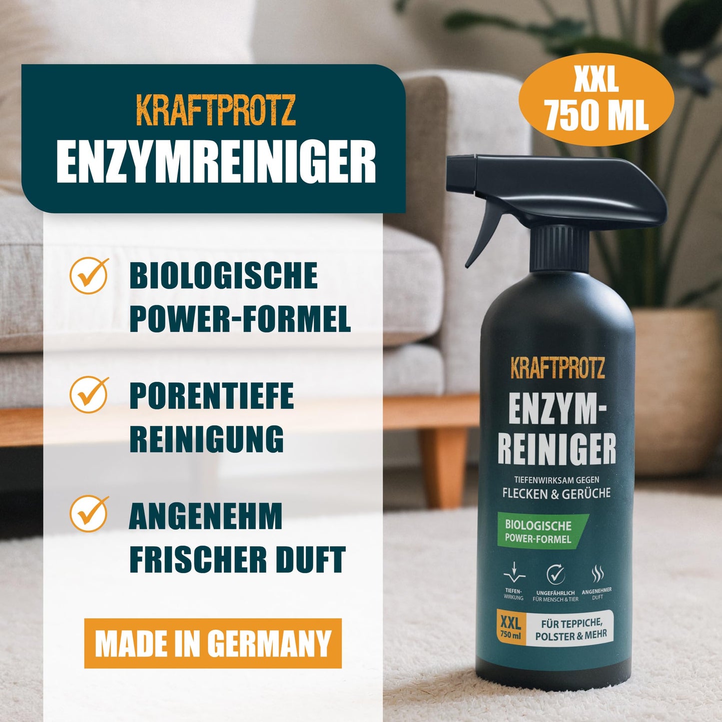 Enzymreiniger – Geruchsentferner & Fleckenentferner Spray 750 ml – porentief & biologisch – für Sofa, Teppich, Matratze, Auto & Haushalt – gegen Schmutz, Schweiß, Gerüche & Tierspuren – KRAFTPROTZ