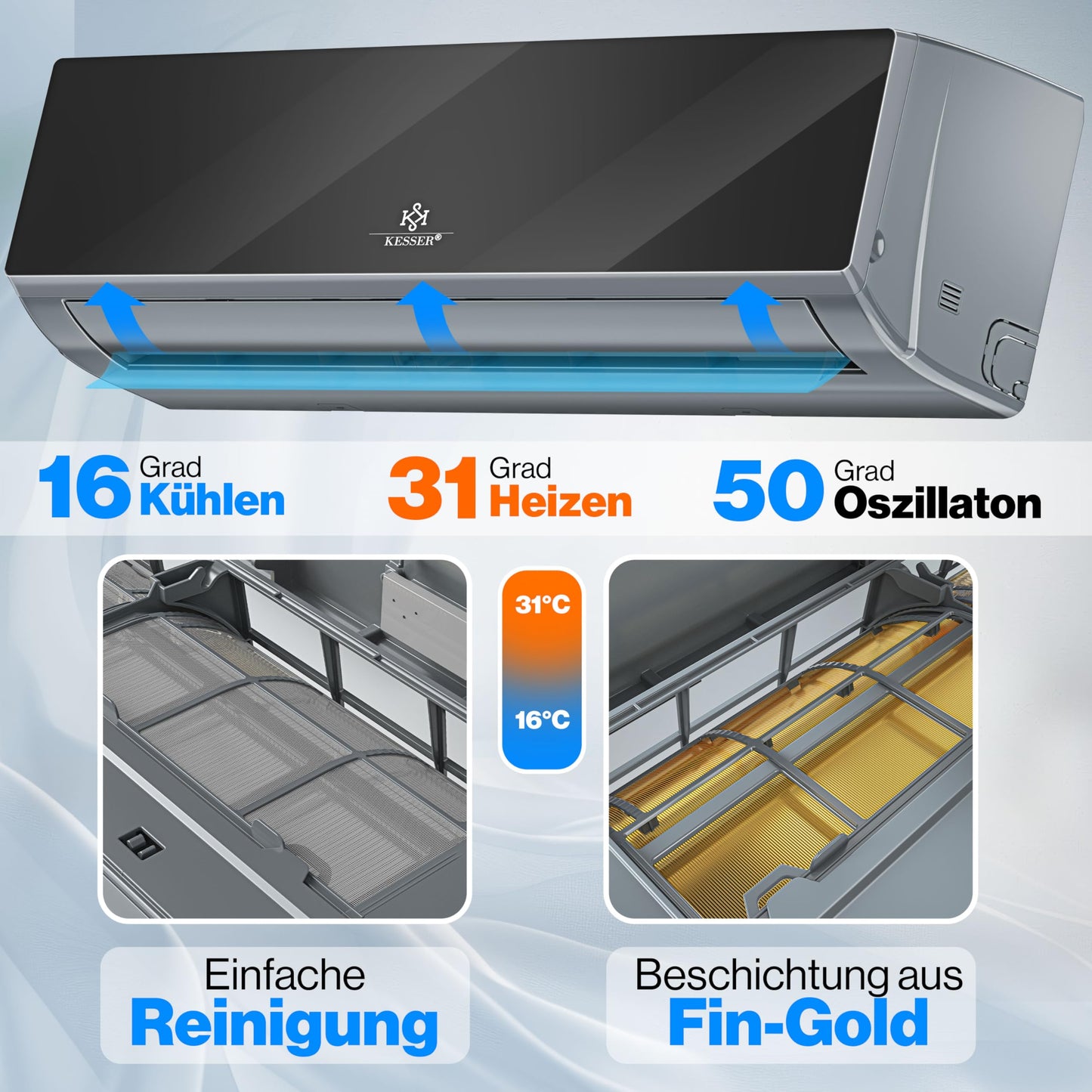 KESSER® Klimaanlage Set Split, WiFi/App Funktion Klimagerät, Kühlen A++/Heizen A+, 12000 BTU/h (3.400W) sehr leise, Kältemittel R32, Fernbedienung, Timerfunktion, Montagematerial, Anthrazit