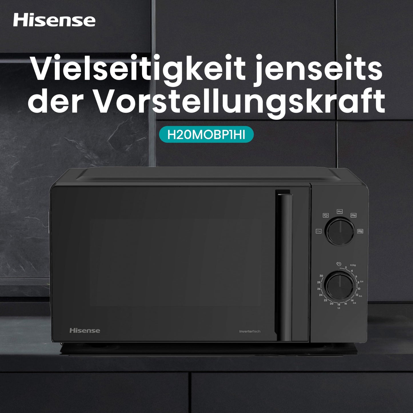 Hisense H20MOBP1HI Mikrowelle /20 L /700W /InverterTech/Keramikbeschichtung/Premium Glas/Maßgeschneidert, Mehrphasiges Kochen/Auftaufunktion/5 Leistungsstufen/Kindersicherung/Schwarz