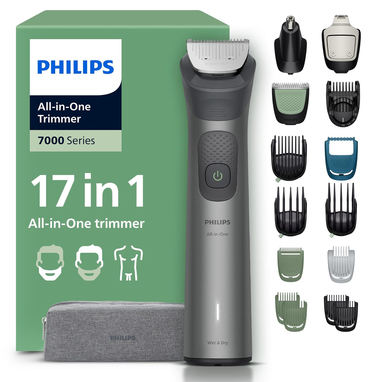 PHILIPS Multigroom Series 7000 All-in-One 17-teiliger Barttrimmer und Haarschneider für Gesicht, Kopf und Körper, selbstschärfende Metallklingen, 26 Längeneinstellungen (0,5-20 mm), Modell MG7961/15