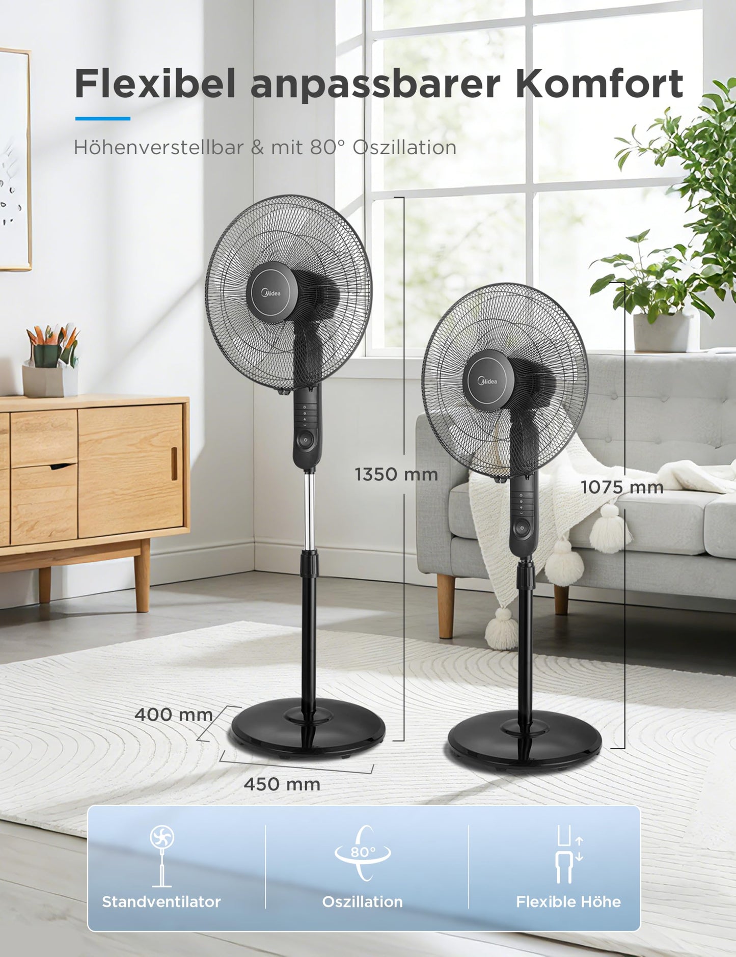 Midea FS40-15FR Standventilator Leise mit Fernbedienung,3 Geschwindigkeitsstufen,LED Anzeige, 7,5H Timer,höhenverstellbar, 80°Oszil-lationsfunktion, 55W Kraftvoller,Ventilator,Luftzirkulation, Schwarz