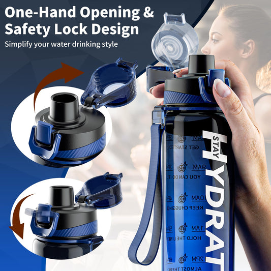 Mevoly Sport Trinkflasche 1 Liter BPA Frei mit Zeitmarkierung Auslaufsicher