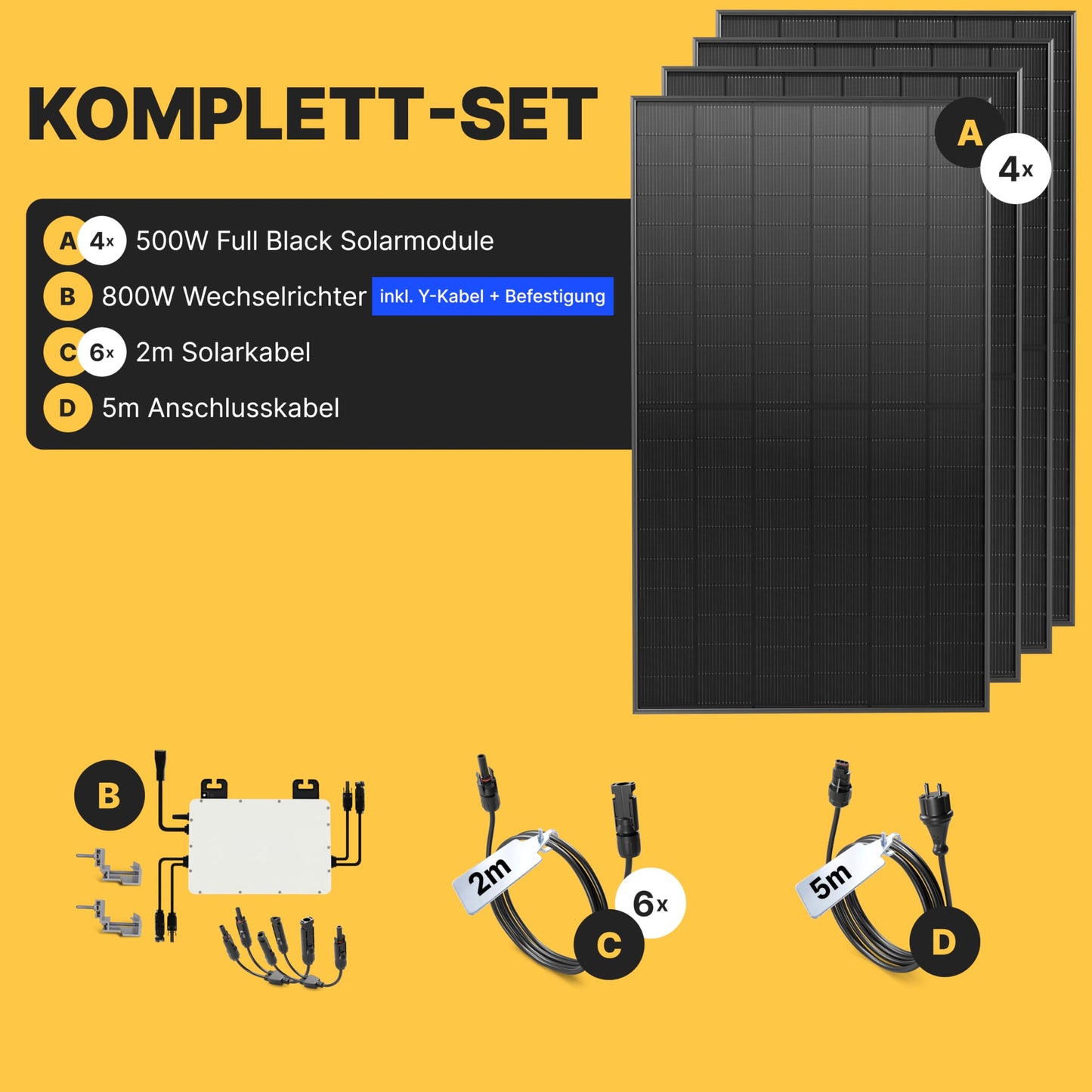 Solakon Balkonkraftwerk 2000W komplett Steckdose - Balkonkraftwerk 2000 Watt neuester Wechselrichter 800W - Solaranlage Komplettset mit 4x500W Solarpanel/Solar Panels mit 5m Kabel