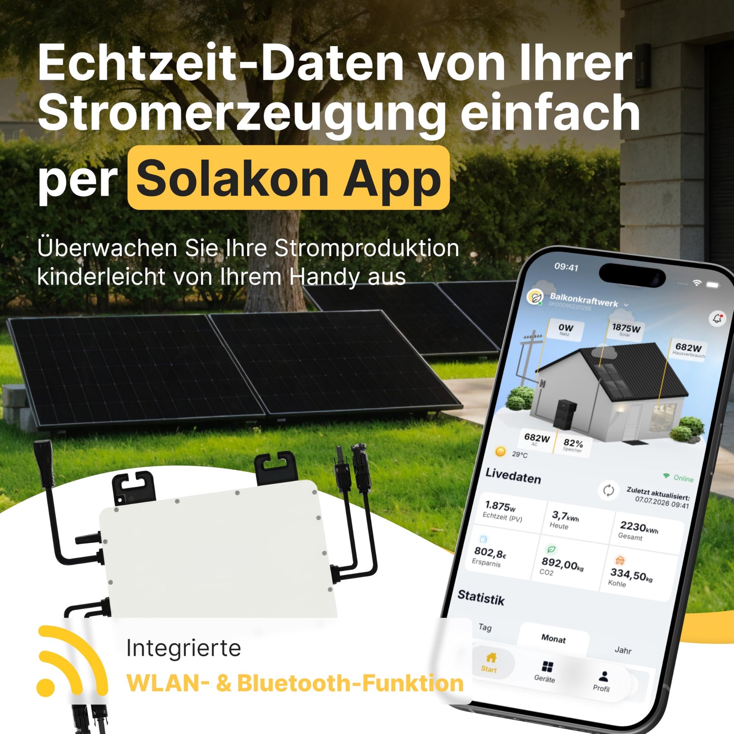 Solakon® 1000W Balkonkraftwerk - Balkonkraftwerk 800W komplett Steckdose - neuester 800 Watt Wechselrichter - Solaranlage Komplettset - 500W bifaziale Solarmodule inkl. Zubehör - 10m Kabel