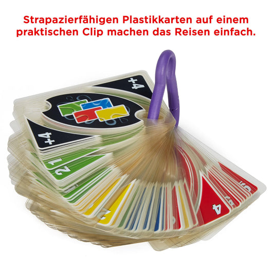 Mattel Games UNO H2O to Go, UNO Kartenspiel für die Familie, UNO wasserfest und zum Anhängen mit Karabinerhaken, Perfekt als Strand Spielzeug oder Reisespiel, für 2-10 Spieler, ab 7 Jahren, P1703