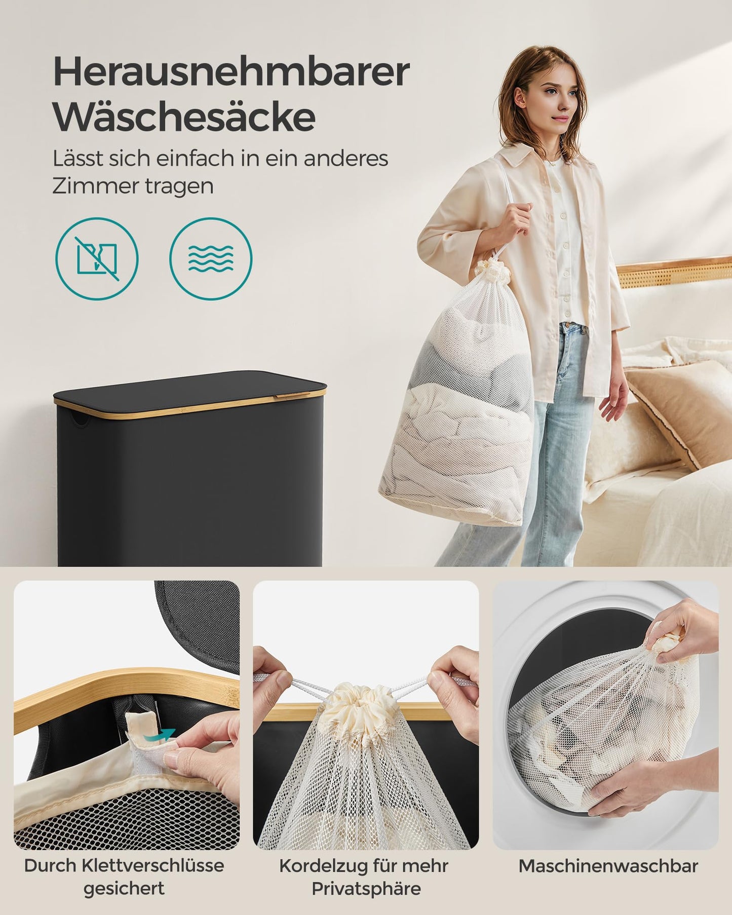 SONGMICS Wäschekorb mit Deckel, Wäschesammler mit 3 Fächern, 150 L, herausnehmbarer Wäschesack, Oxford-Gewebe, Griffe aus Bambus, zusammenklappbar, 60 x 38,5 x 70,5 cm, tintenschwarz LCB515B01