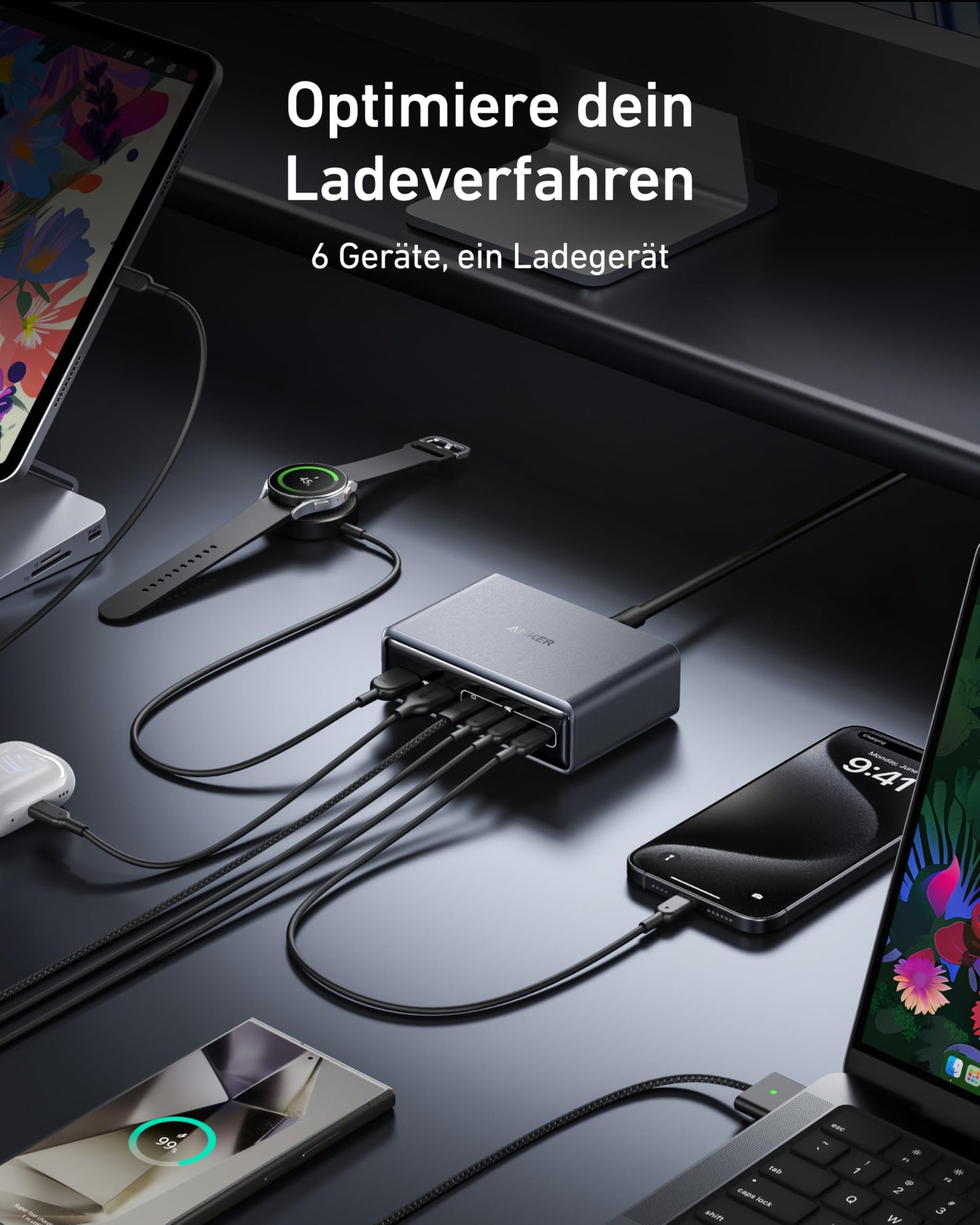 Anker Prime 200W USB C Ladegerät, 200W 6 Anschlüsse GaN Ladestation, USB-C PD Desktop Ladegerät mit Schnell-Laden, kompatibel mit iPhone 17/16/15 Series, Samsung, MacBook, Dell und mehr
