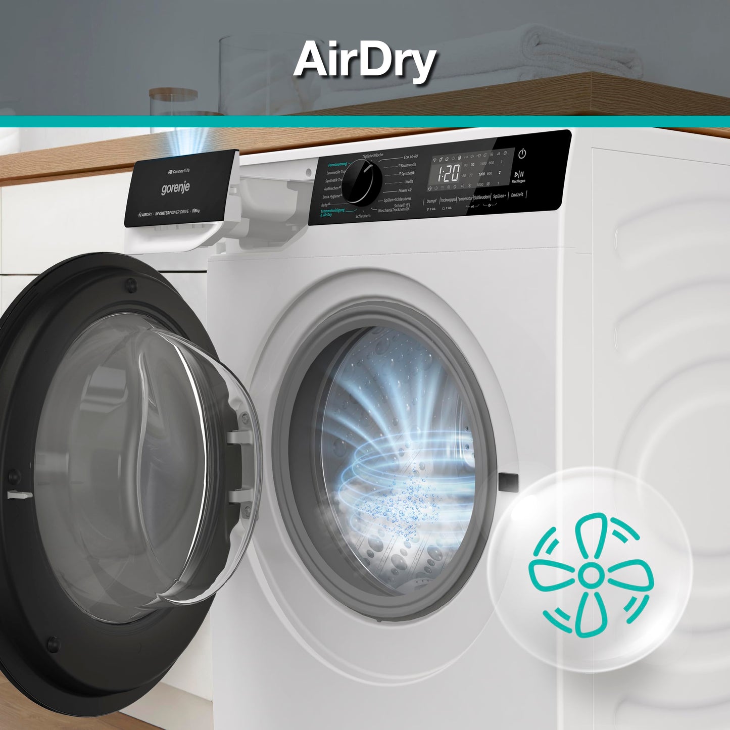 Gorenje WD2PA854ADW, DE Waschtrockner, Connect Life, 16 Programme, 8 KG, 54 Liter, 1400 U, min, AirDry, Inverter PowerDrive Motor, SterilTub, AllergySteam, PowerJetwash, StopAddGo, Wash&Dry 60', A-30%