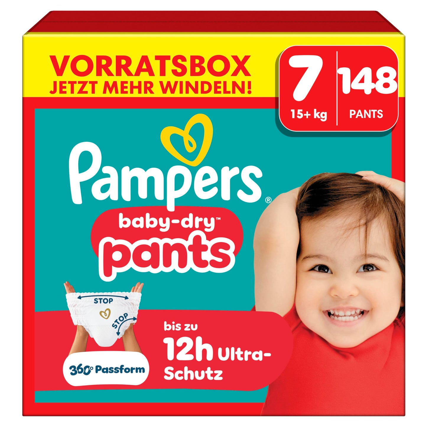 Pampers Baby-Dry Pants Größe 7, 148 Stück, 15kg+, 360° auslaufsichere Passform für Tag und Nacht