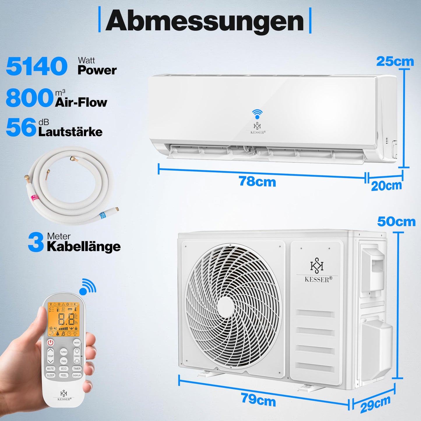 KESSER® Klimaanlage Set Split, WiFi/App Funktion Klimagerät, Kühlen A++/Heizen A+, 18000 BTU/h (5.300W) sehr leise, Kältemittel R32, Fernbedienung, Timerfunktion, Montagematerial, Weiß