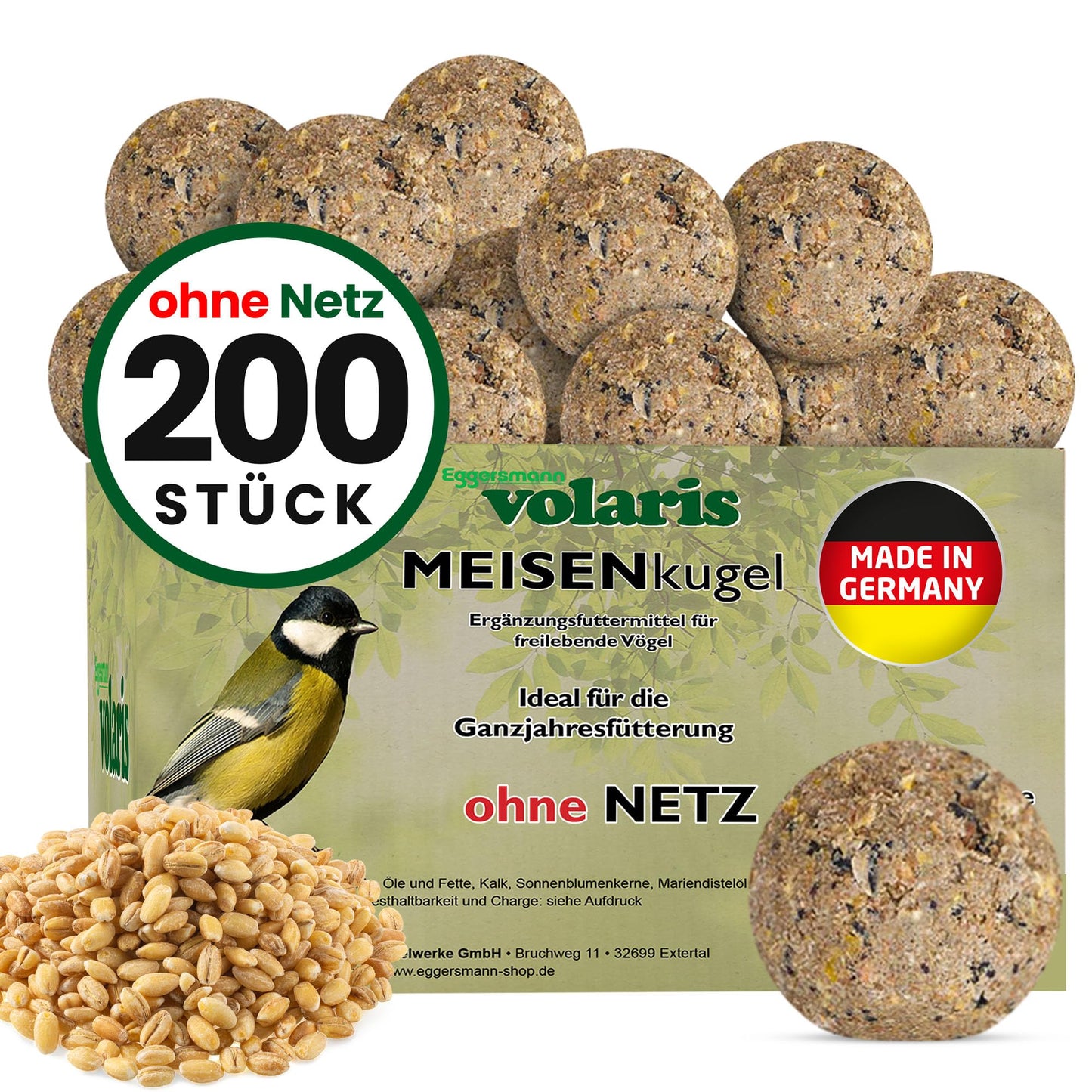 Eggersmann volaris Meisenknödel ohne Netz 200 Stück 18 kg MEISENkugel | Körnerkugel für Wildvögel | Nährstoffreiches Ganzjahresfutter für alle Vogelarten | Vogelknödel