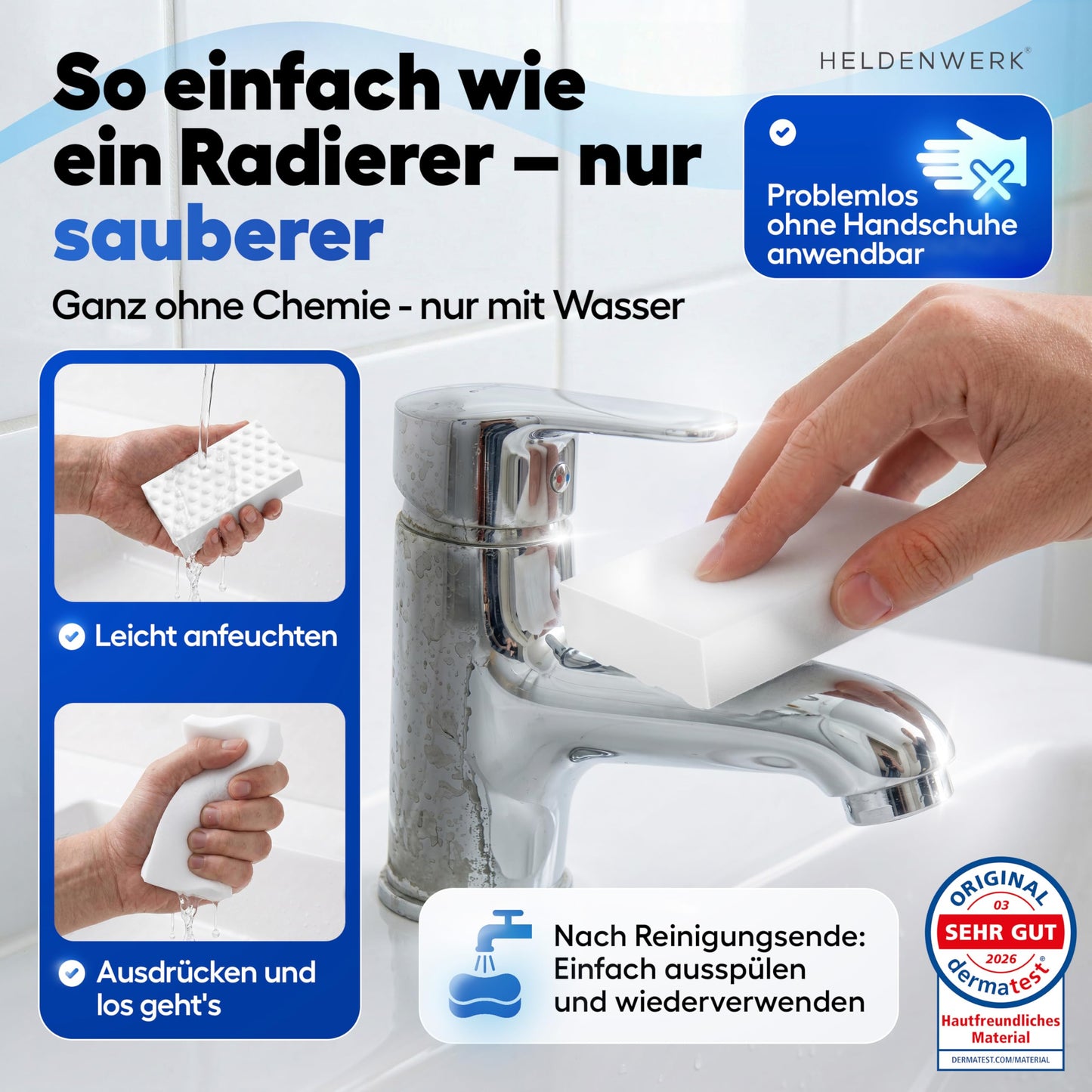 HELDENWERK® Schmutzradierer [18+2 EXTRA] Premium Radierschwamm für hartnäckige Flecken – Magic Eraser & Zauberschwamm für Wand, Küche, Bad & Sneaker – extra langlebig