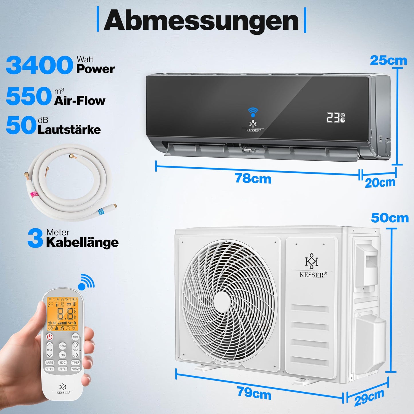 KESSER® Klimaanlage Set Split, WiFi/App Funktion Klimagerät, Kühlen A++/Heizen A+, 12000 BTU/h (3.400W) sehr leise, Kältemittel R32, Fernbedienung, Timerfunktion, Montagematerial, Anthrazit