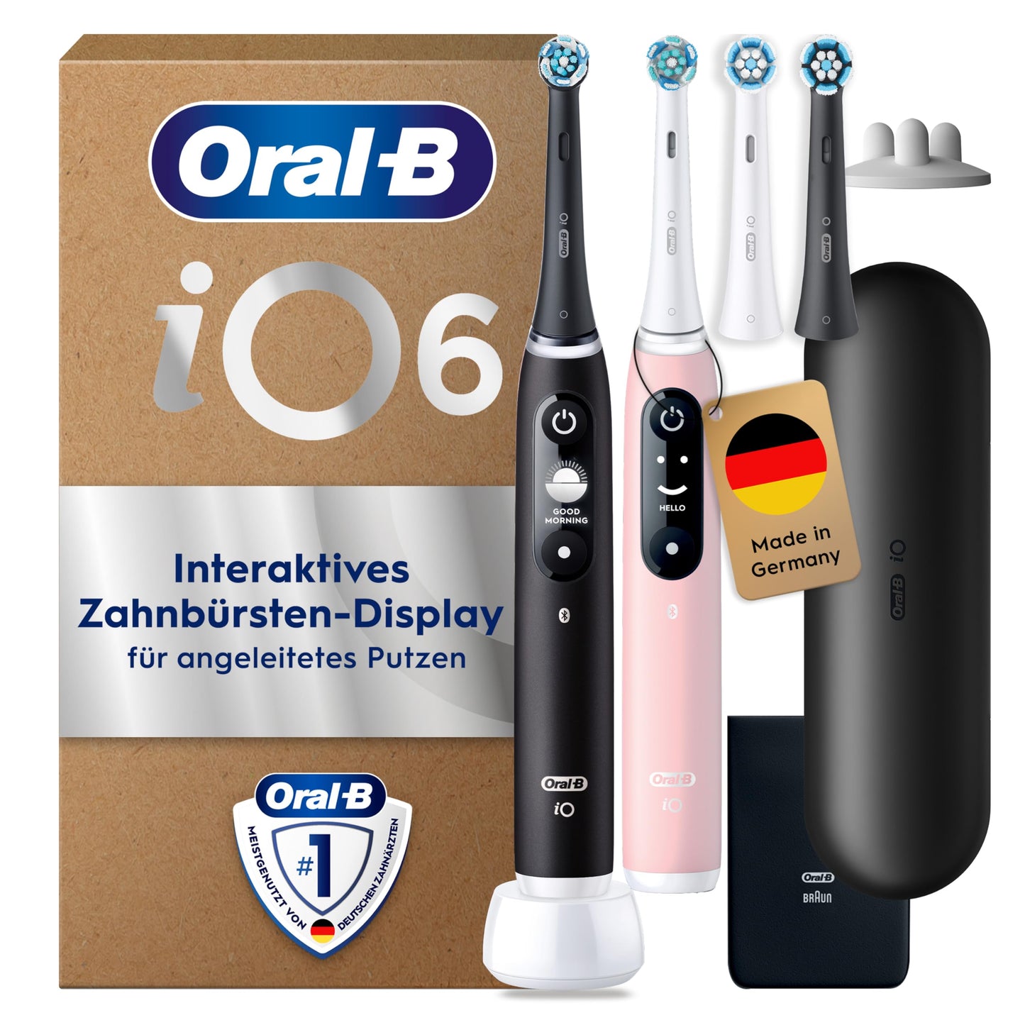 Oral-B iO Series 6 Plus Edition Elektrische Zahnbürste, Doppelpack — Electric Toothbrush, Inkl. 4 Aufsteckbürsten, 5 Putzmodi für Zahnpflege, Reise-Etui — Designed by Braun, Schwarz/Rosa
