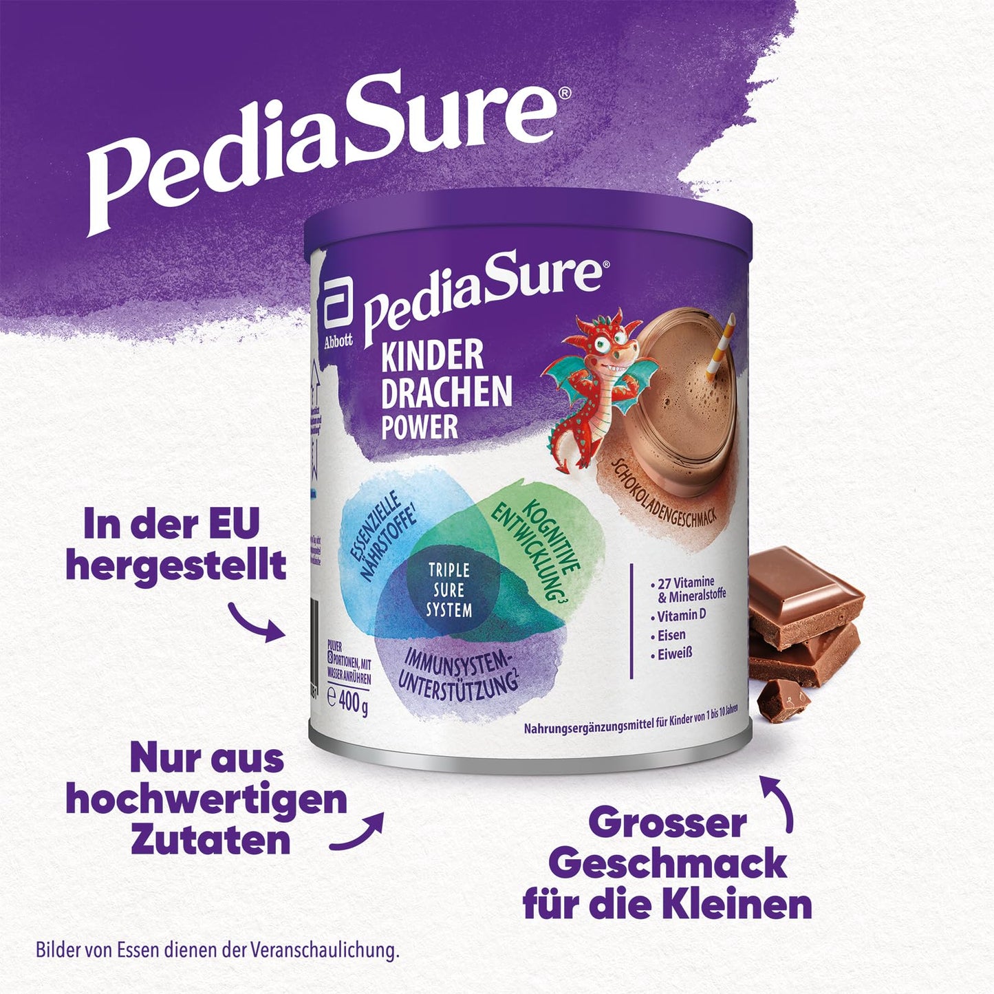 Pediasure Kinder Drachen Power Schoko 400g| leckerer Nahrungsergänzungsshake für Kinder ab 1 Jahr|mit 27 Vitaminen & Mineralien, Protein und triplesure Komplex|Verpackung kann variieren