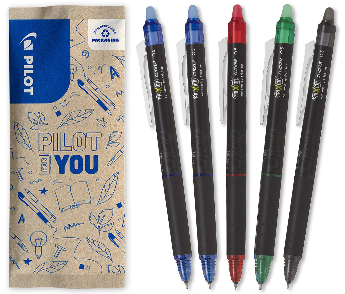 Pilot – 5er-Set Frixion Point Clicker – Tintenroller 0.5 mm mit löschbarer, thermosensitiver Tinte – 2 Blau, je 1 Schwarz, Rot, Grün – Tintenroller mit feiner Spitze – nachfüllbar – Zauberstift