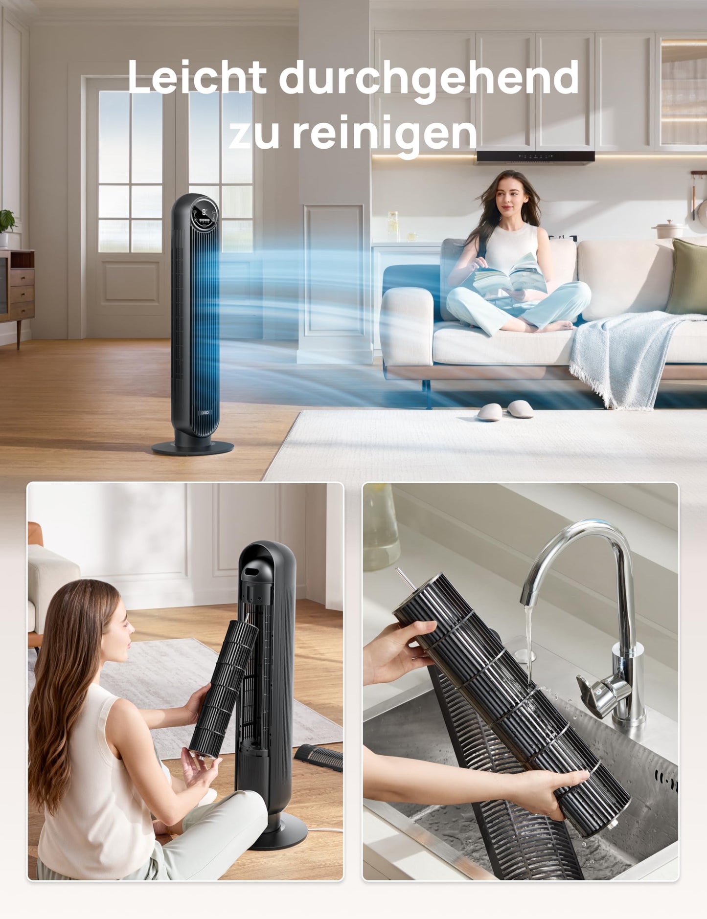 DREO Leiser Turmventilator, 10 m Wurfweite 4 Geschwindigstufen 4 Modi 8 Std. Timer 90° oszillierende Ventilator mit Kühlung Fernbedienung für Schlafzimmer,Turmventilator 307, Schwarz