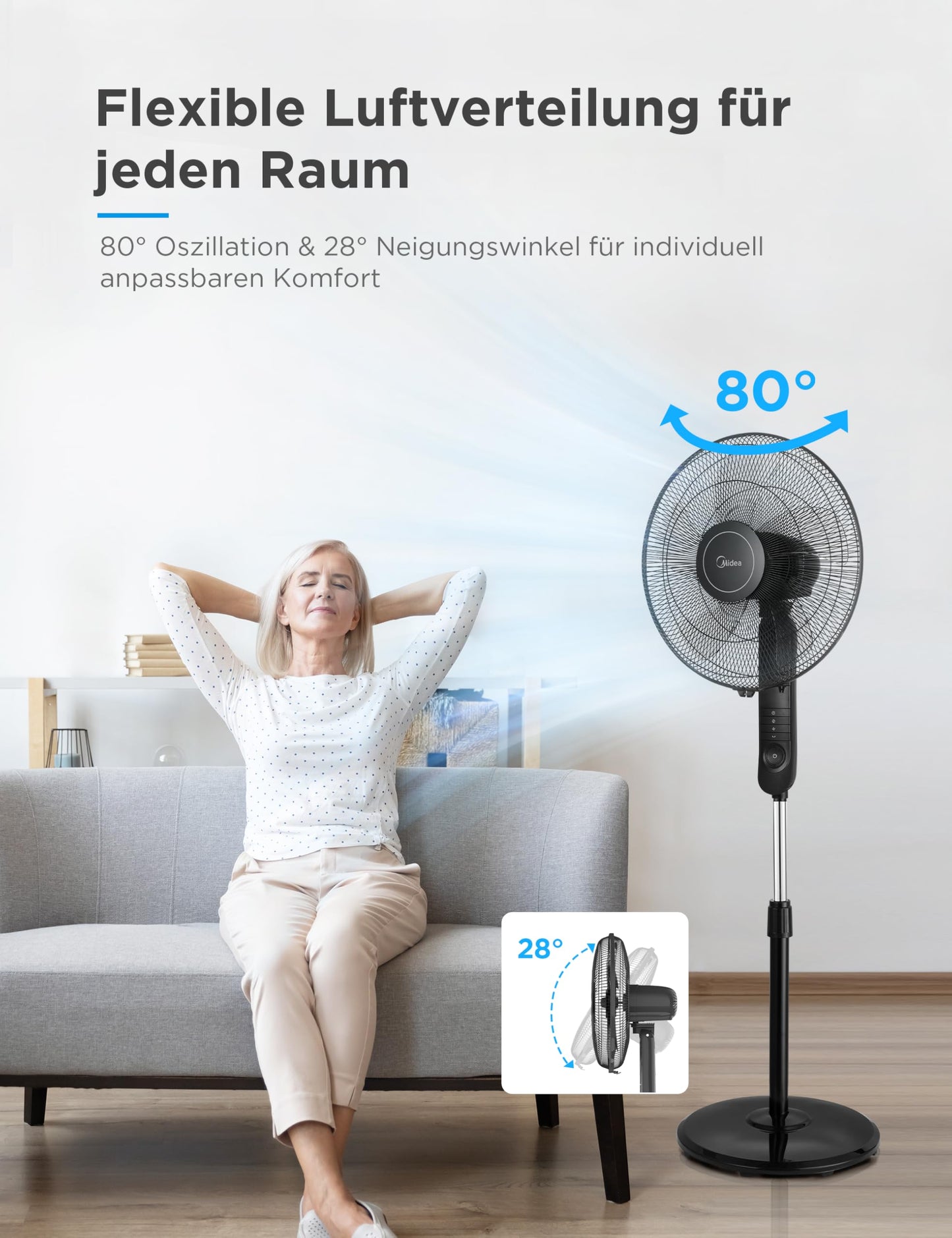Midea FS40-15FR Standventilator Leise mit Fernbedienung,3 Geschwindigkeitsstufen,LED Anzeige, 7,5H Timer,höhenverstellbar, 80°Oszil-lationsfunktion, 55W Kraftvoller,Ventilator,Luftzirkulation, Schwarz