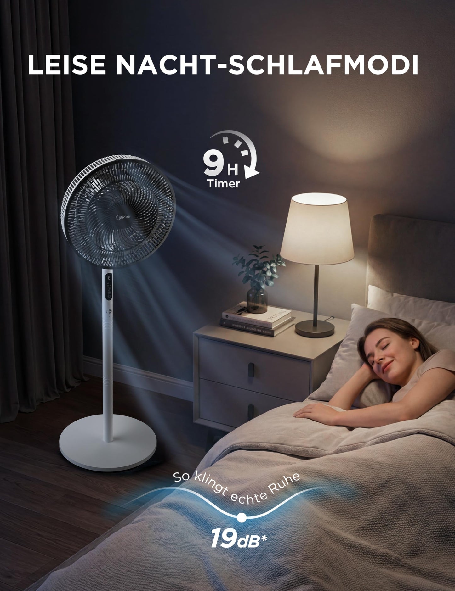 Midea Standventilator Leise mit Fernbedienung FS35-26XRD(BW), 3 Geschwindigkeitsstufen,LED Anzeige, 7,5H Timer, höhenverstellbar, 80°Oszil-lationsfunktion, 55W, Weiß, Zirkulator, 30-60-80-110cm