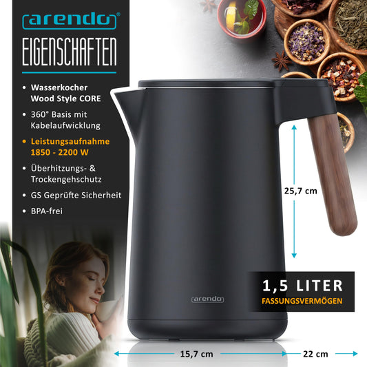 Arendo - Wasserkocher Edelstahl – 1,5 Liter - 2200 Watt – Doppelwand-Design – 360° Controller – BPA-frei – Überhitzungs- und Trockengehschutz - Schwarz Cool Grey Matt - GS geprüfte Sicherheit
