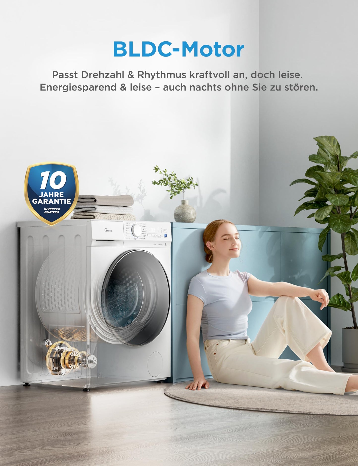 Midea Waschmaschine V3 series, 10 kg | Energieeffizienzklasse A-10% | 1400 U/min| Dampffunktion | Tierhaare| 15-Min Schnellwäsche | Woolmark-Zertifiziert MFV3EW100BA10 | Weiß