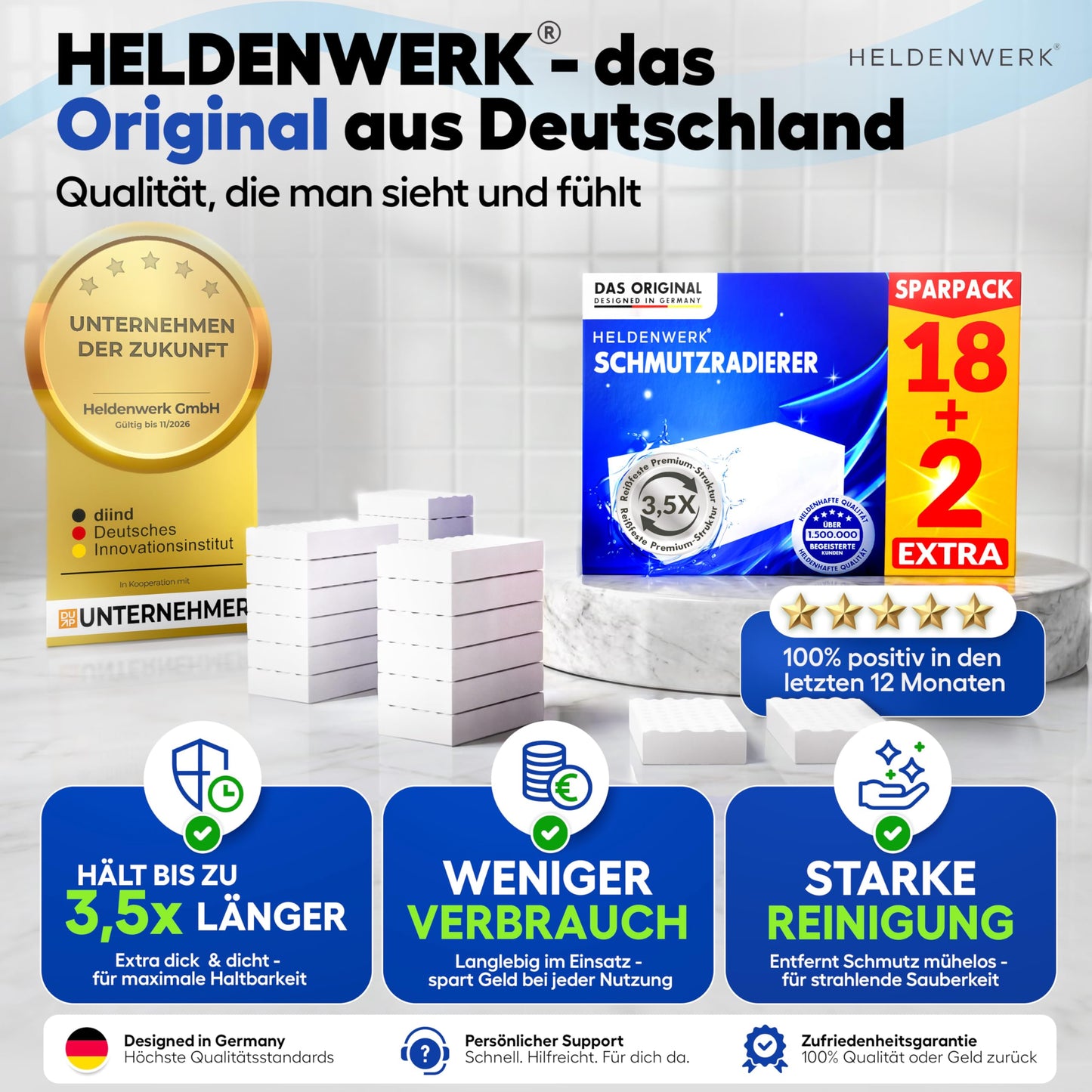 HELDENWERK® Schmutzradierer [18+2 EXTRA] Premium Radierschwamm für hartnäckige Flecken – Magic Eraser & Zauberschwamm für Wand, Küche, Bad & Sneaker – extra langlebig