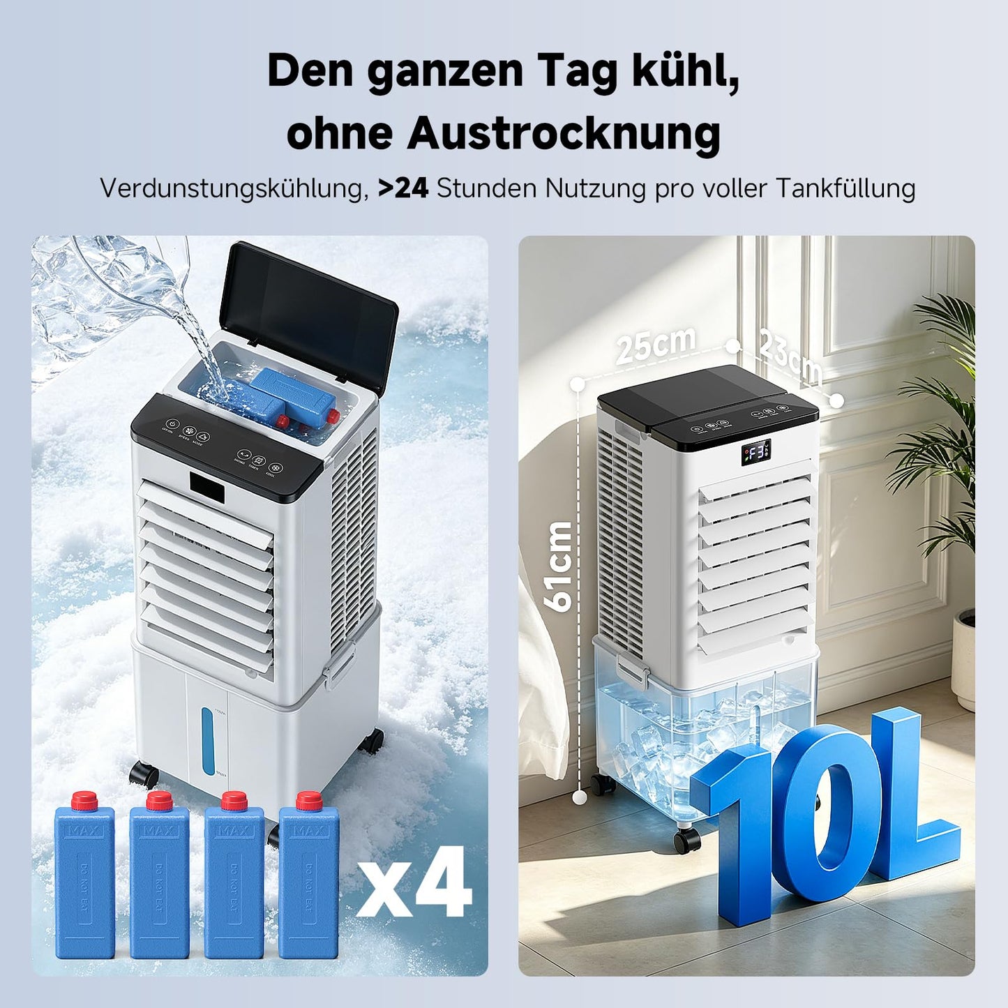 Klimagerät ohne Abluftschlauch 10L, 60W Klimaanlage Mobil, 12H Timer, klimaanlage ohne abluftschlauch 3 Modus, 120°Oszillation, Abnehmbare Wassertank, Tragbarer Luftkühler für Zuhause Büro Perlweiß