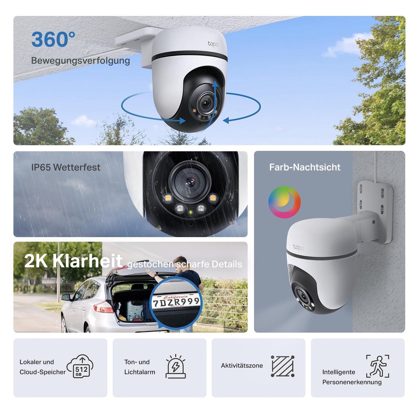 Tapo C51A 2K WLAN Überwachungskamera Außen, 360° Schwenk-/Neige, Vollfarbige Nachtsicht, Personenerkennung, Bewegungsverfolgung, Zwei-Wege-Audio, microSD-Karte bis zu 512 GB