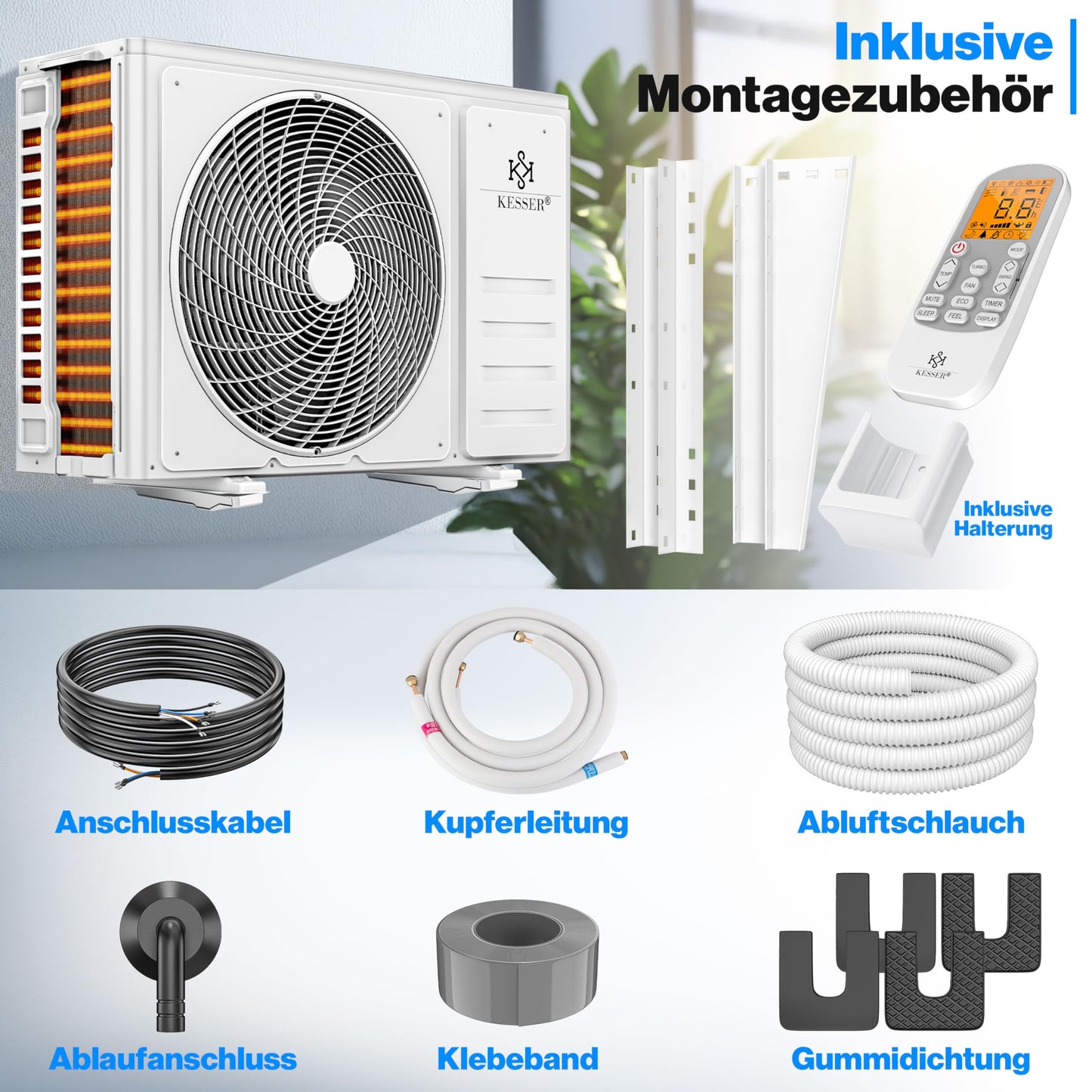 KESSER® Klimaanlage Set Split, WiFi/App Funktion Klimagerät, Kühlen A++/Heizen A+, 18000 BTU/h (5.300W) sehr leise, Kältemittel R32, Fernbedienung, Timerfunktion, Montagematerial, Weiß
