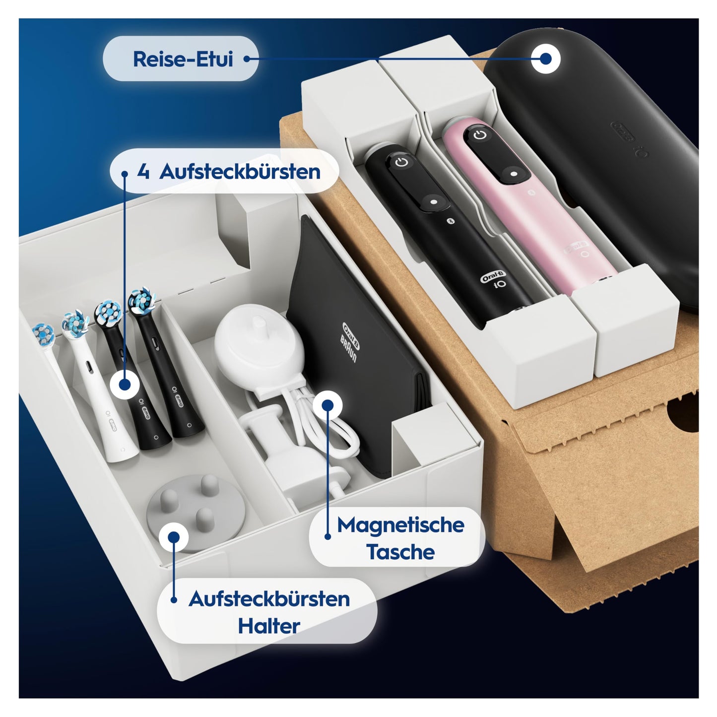 Oral-B iO Series 6 Plus Edition Elektrische Zahnbürste, Doppelpack — Electric Toothbrush, Inkl. 4 Aufsteckbürsten, 5 Putzmodi für Zahnpflege, Reise-Etui — Designed by Braun, Schwarz/Rosa