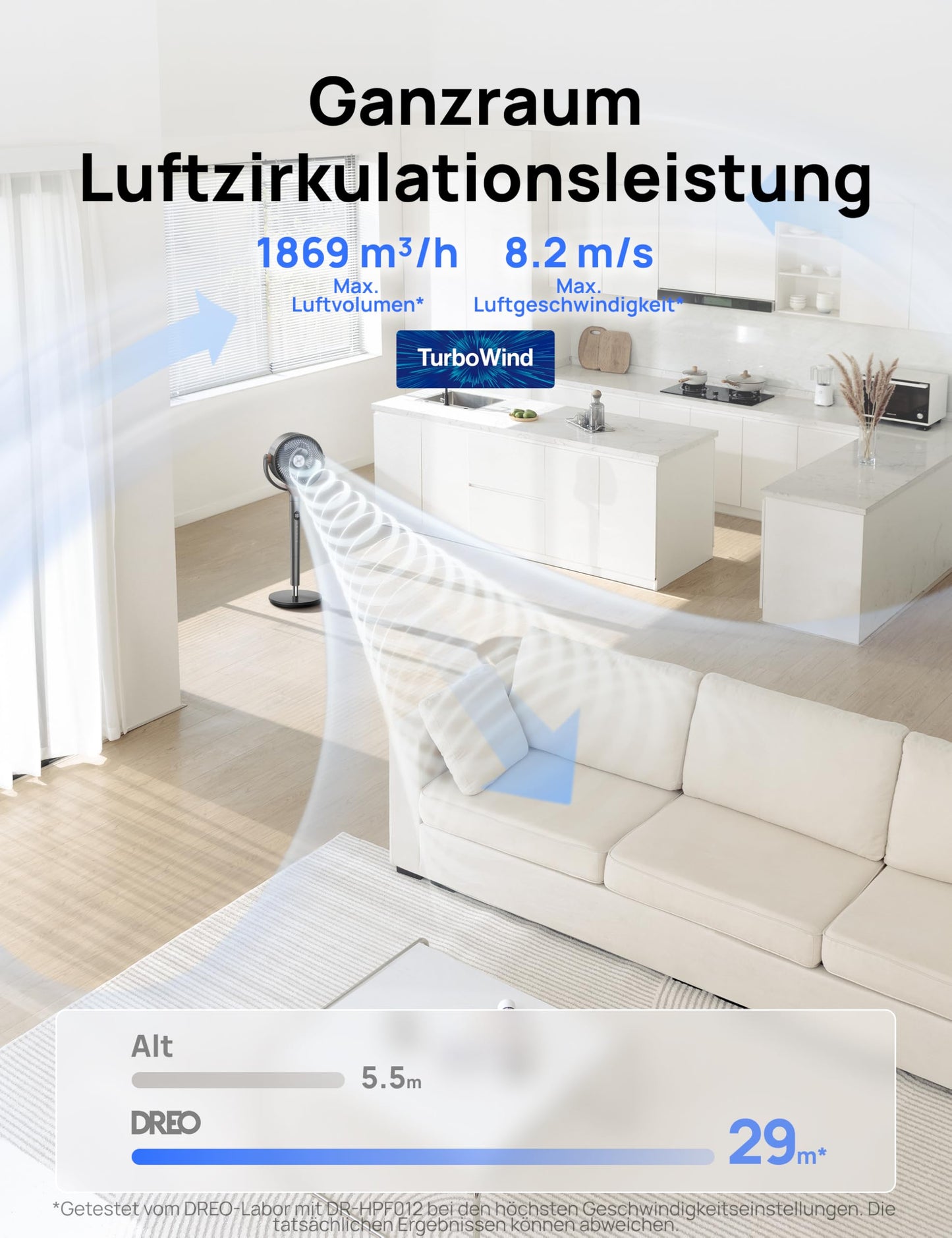 DREO Standventilator sehr leise, Ventilator groß mit Fernbedienung, 20dB Silent Ventilator mit DC-Motor, 120° Oszillierend, 4 Modi, 94-107cm höhenverstellbar, Bodenventilator, TurboPoly Fan 512, Grau