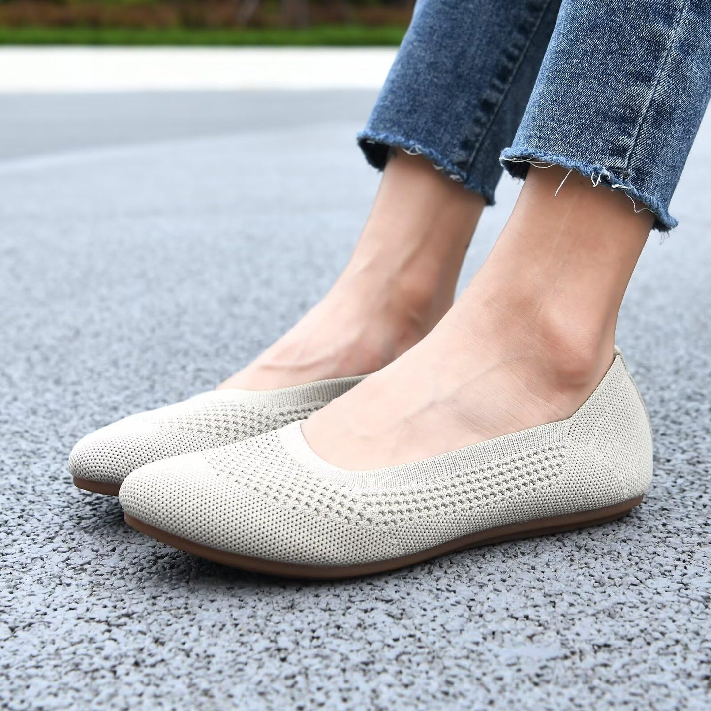 Puxowe Damen Ballerina Runde Zehe Stricken Flache Schuhe Komfort Weich Slip On Ballerina Walking Flats Schuhe für Frauen Niedriger Keil Lässig 40 EU Nude