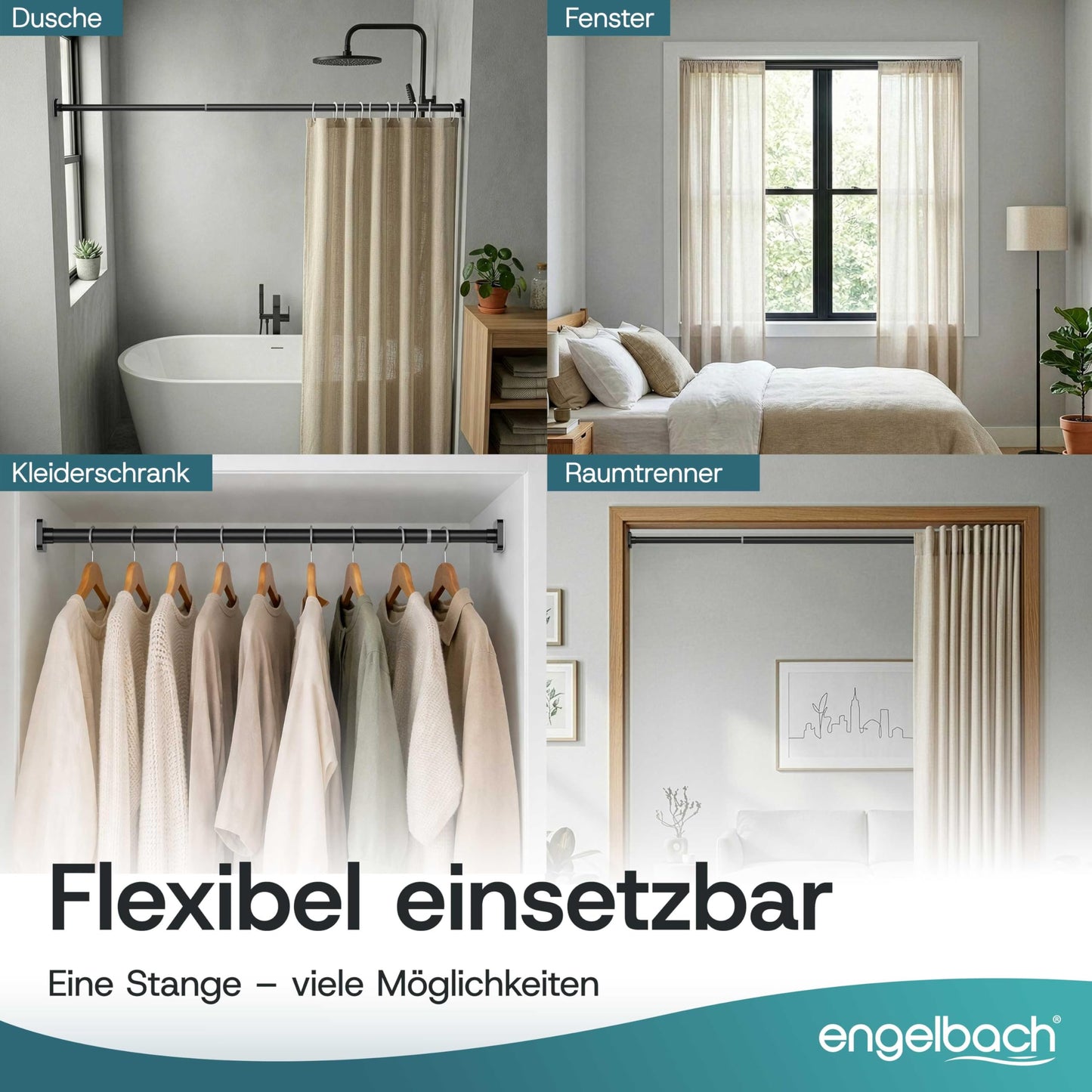 Engelbach® Gardinenstange ohne Bohren - Massiver Karbonstahl (Ø 25mm) für stabilen Halt - Individuell anpassbare Teleskopstange, Klemmstange, Duschvorhang stange, Schwarz, 260-310cm