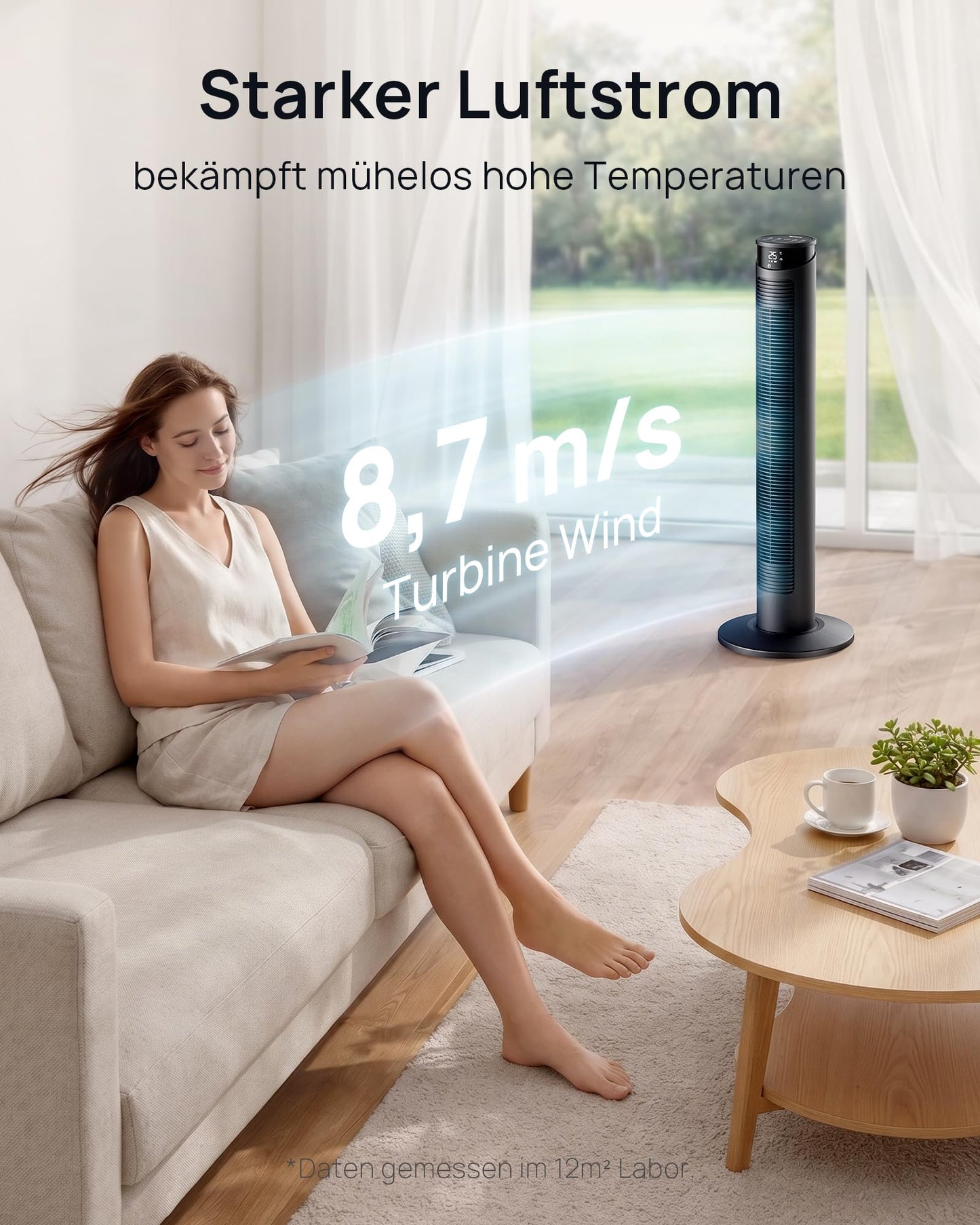 WoleixKlima Ventilator sehr leise 25dB, Turmventilator sehr leise mit Fernbedienung, Standventilator sehr leise mit Fernbedienung, 40W, 4 Modi&3 Stufen, 75°Oszillation, 12H Timer, 93CM