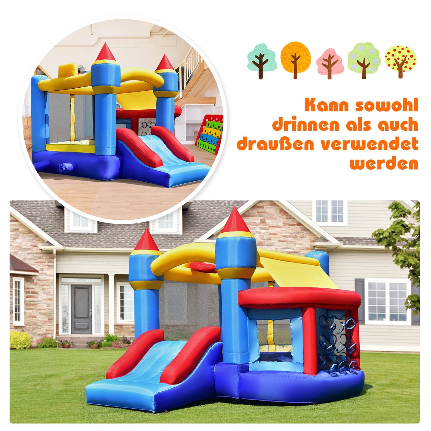 COSTWAY Kinder aufblasbare Hüpfburg, Hüpfburg mit Rutsche, Ballgrube, Reparaturflicken, Aufbewahrungstasche, Kinder-Hüpfburg für Hinterhof, Indoor & Outdoor-Einsatz 270x240x196cm