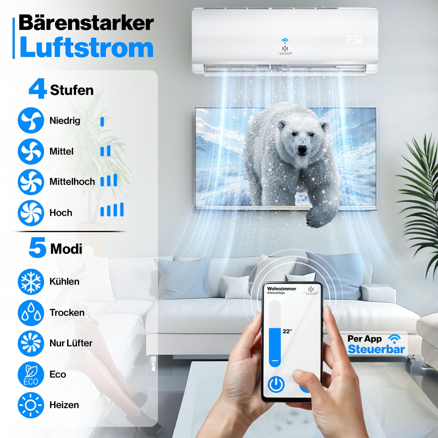 KESSER® Klimaanlage Set Split, WiFi/App Funktion Klimagerät, Kühlen A++/Heizen A+, 18000 BTU/h (5.300W) sehr leise, Kältemittel R32, Fernbedienung, Timerfunktion, Montagematerial, Weiß